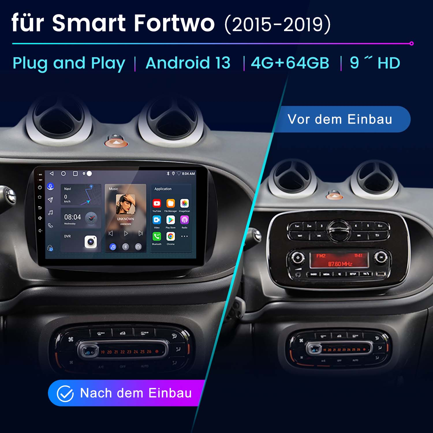 Cruscotto auto con schermo che mostra contenuti multimediali e comandi radio. Il testo indica prima e dopo l'installazione.
