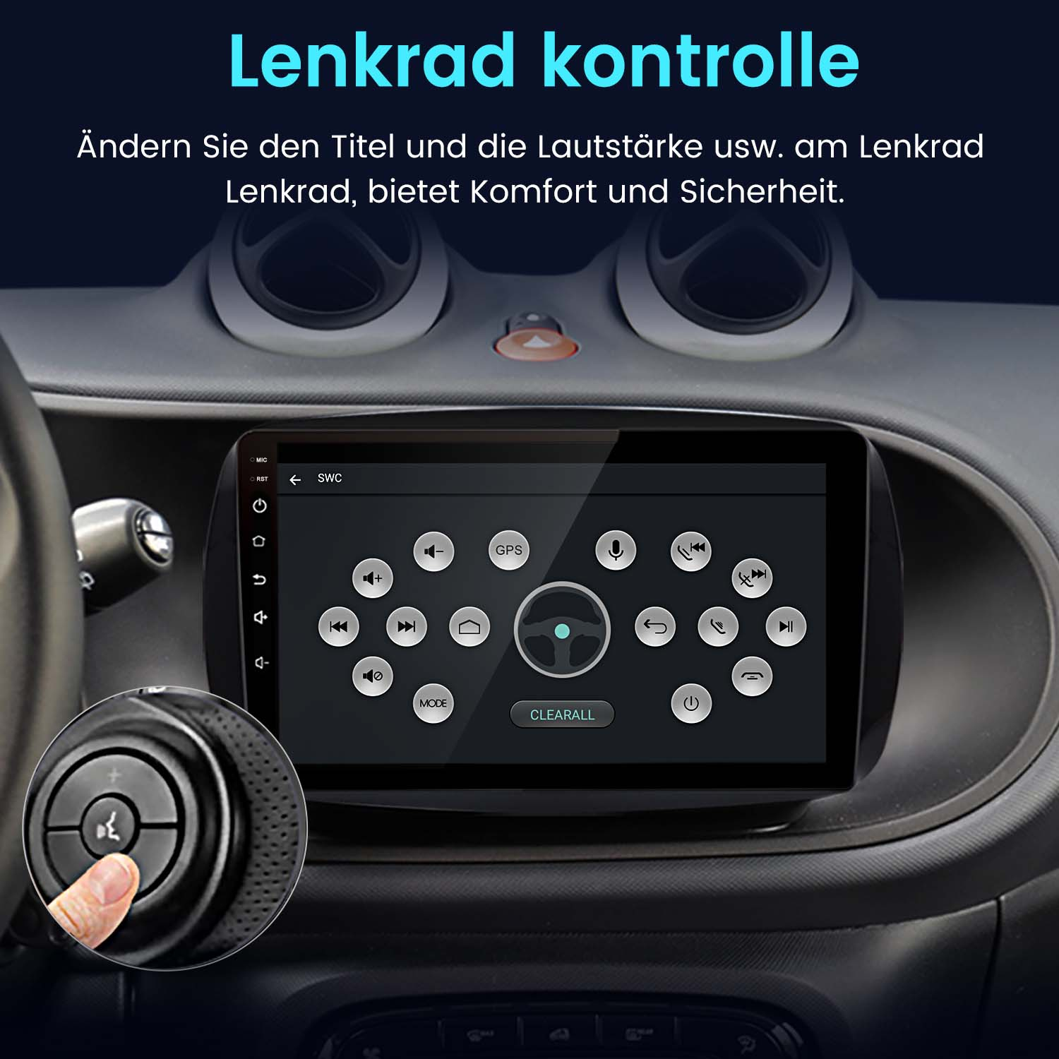 Primo piano del cruscotto di un'auto con display touchscreen e pulsanti di controllo. Testo: Lenkrad kontrolle.
