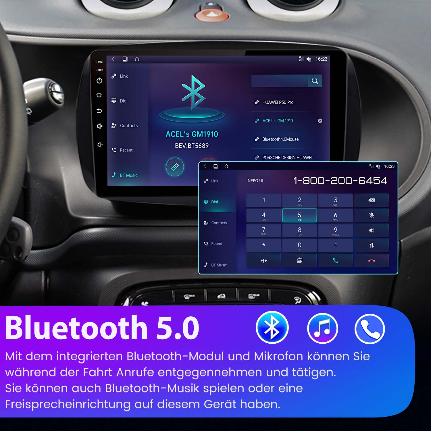 Cruscotto dell'auto con schermo che mostra un'interfaccia telefonica e un tastierino numerico.