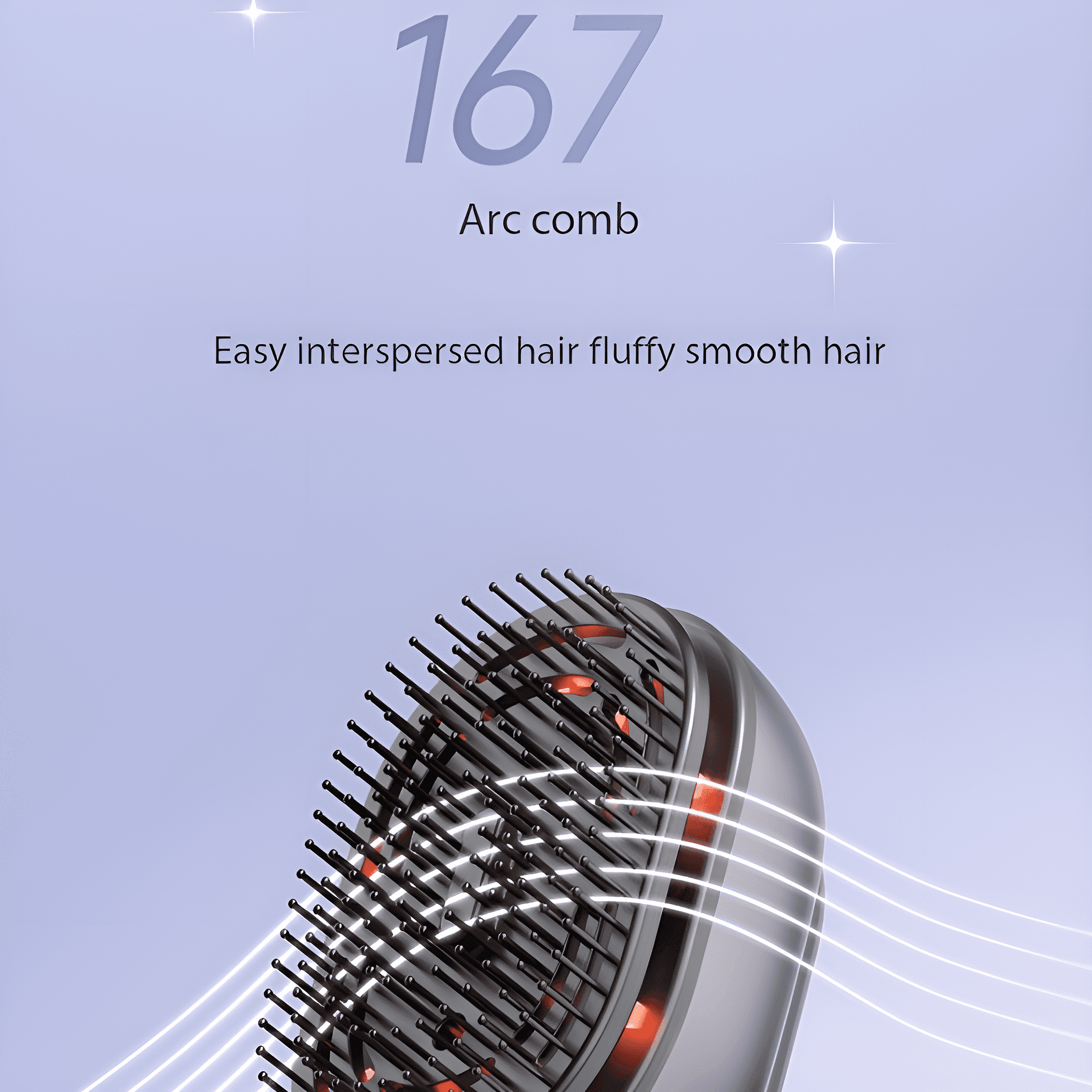 Ein grauer und silberner Haarglätter mit einer Reihe von Stiften, mit dem Text 'Arc comb'.
