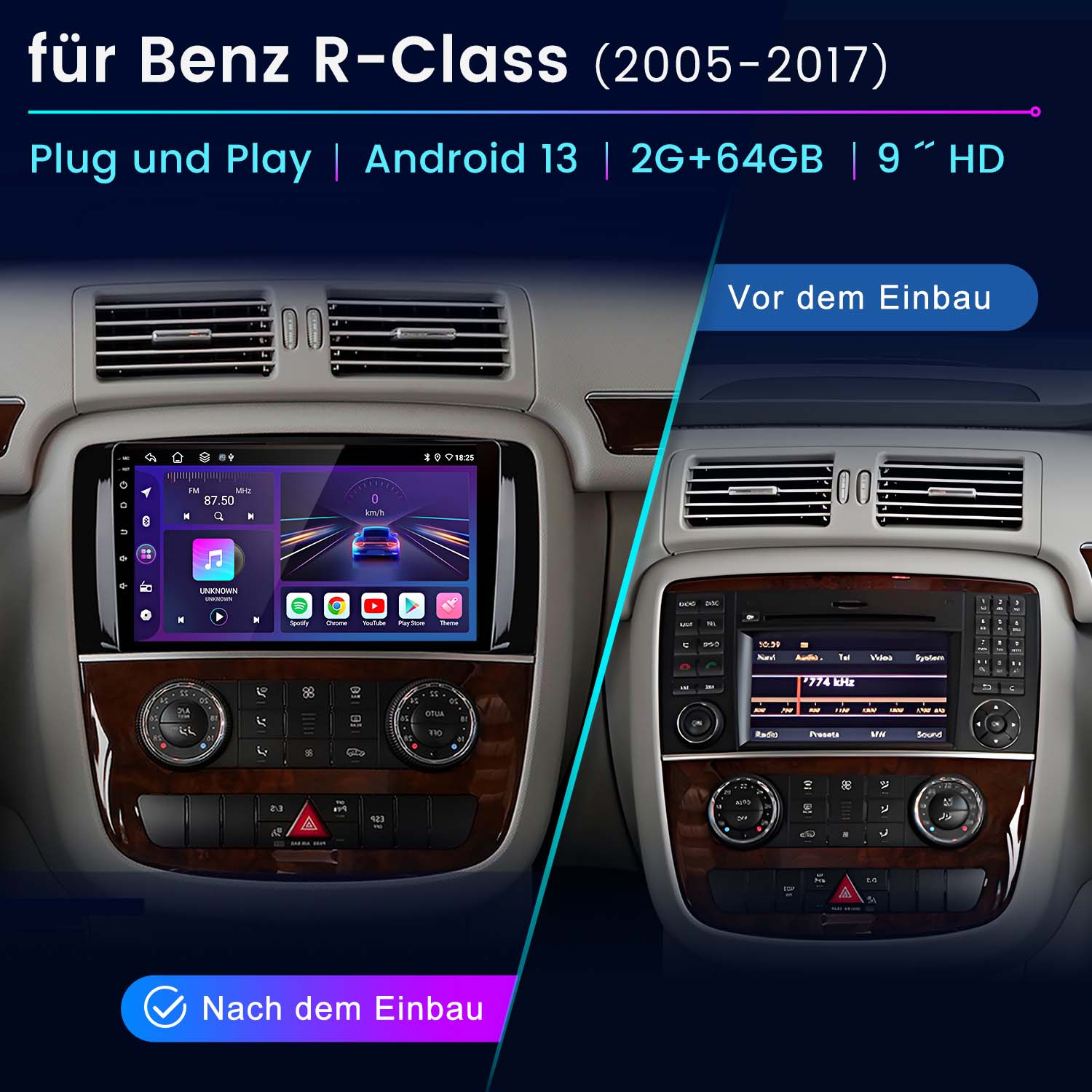 Deska rozdzielcza samochodu ze zdjęciami przed i po wymianie ekranu dla Benz R-Class.