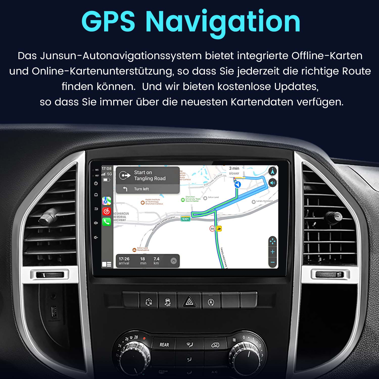 Deska rozdzielcza samochodu z ekranem nawigacji GPS wyświetlającym mapę, z tekstem o prowadzeniu po trasie.