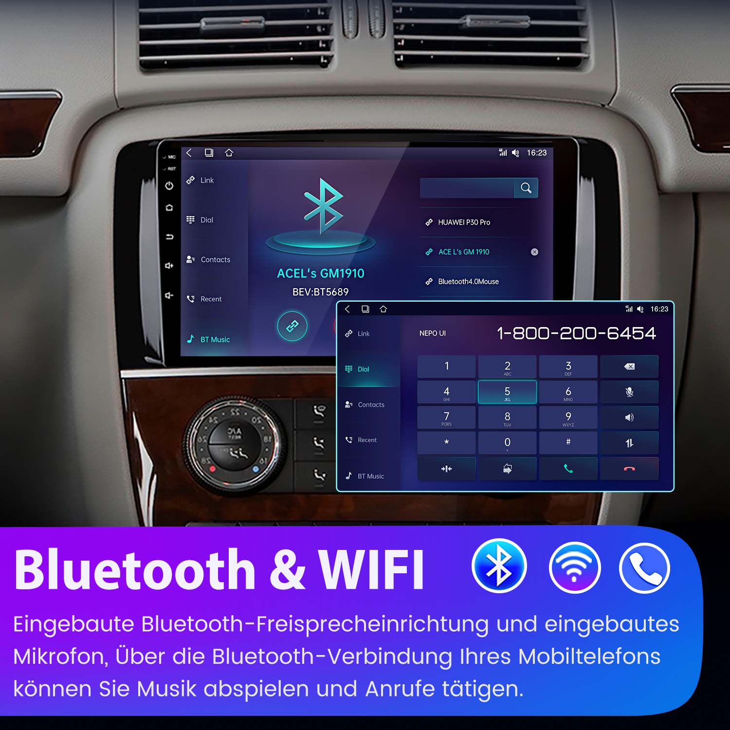 Deska rozdzielcza samochodu pokazująca ekran dotykowy z funkcjami Bluetooth i WiFi.