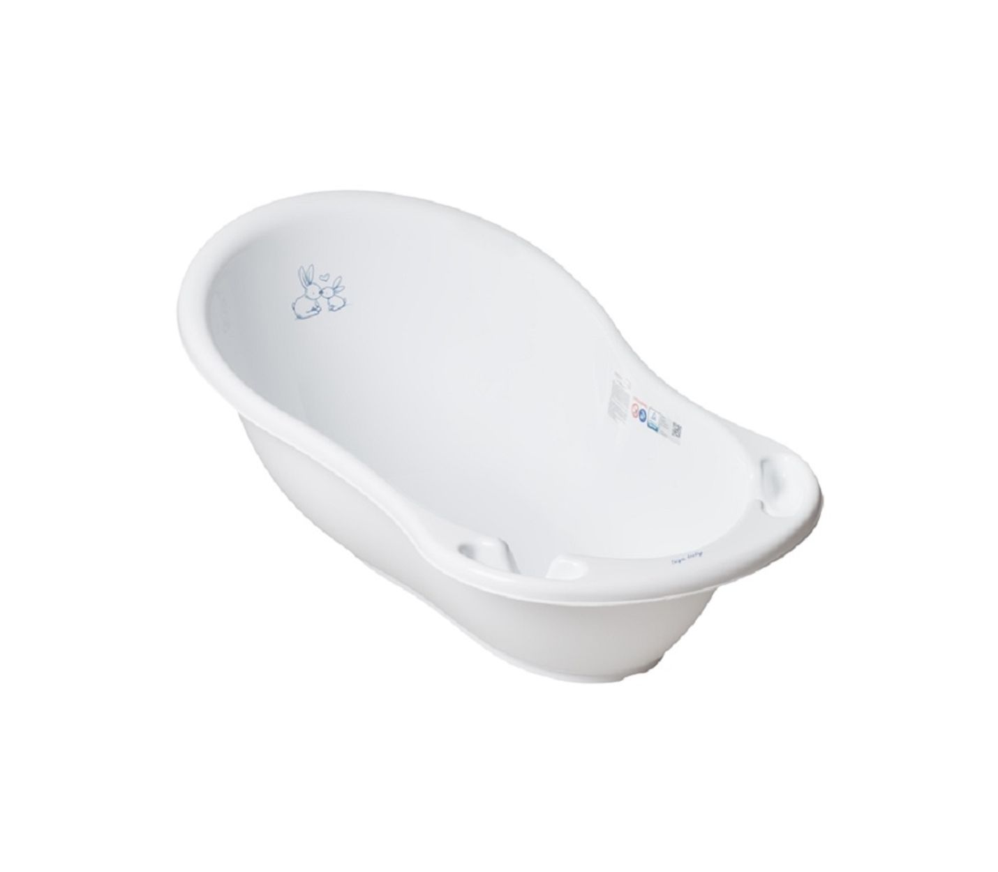 Eine weiße Babybadewanne mit blauem Hasenmuster auf weißem Hintergrund. Sie hat Griffe und eine geschwungene Form.