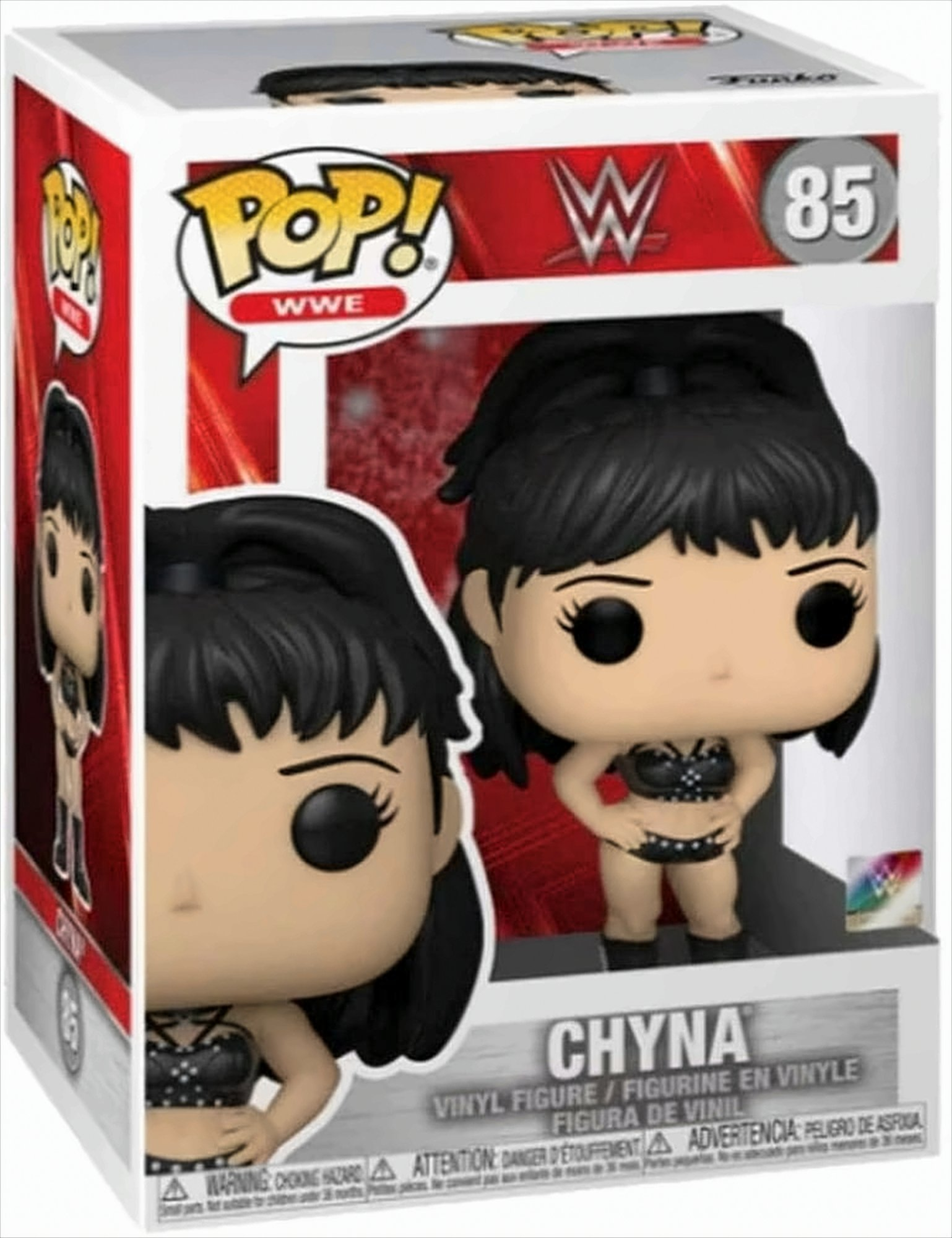 Boxed Chyna WWE Figur. Figur hat schwarzes Haar und schwarzes Outfit. Box hat WWE und POP Logos.