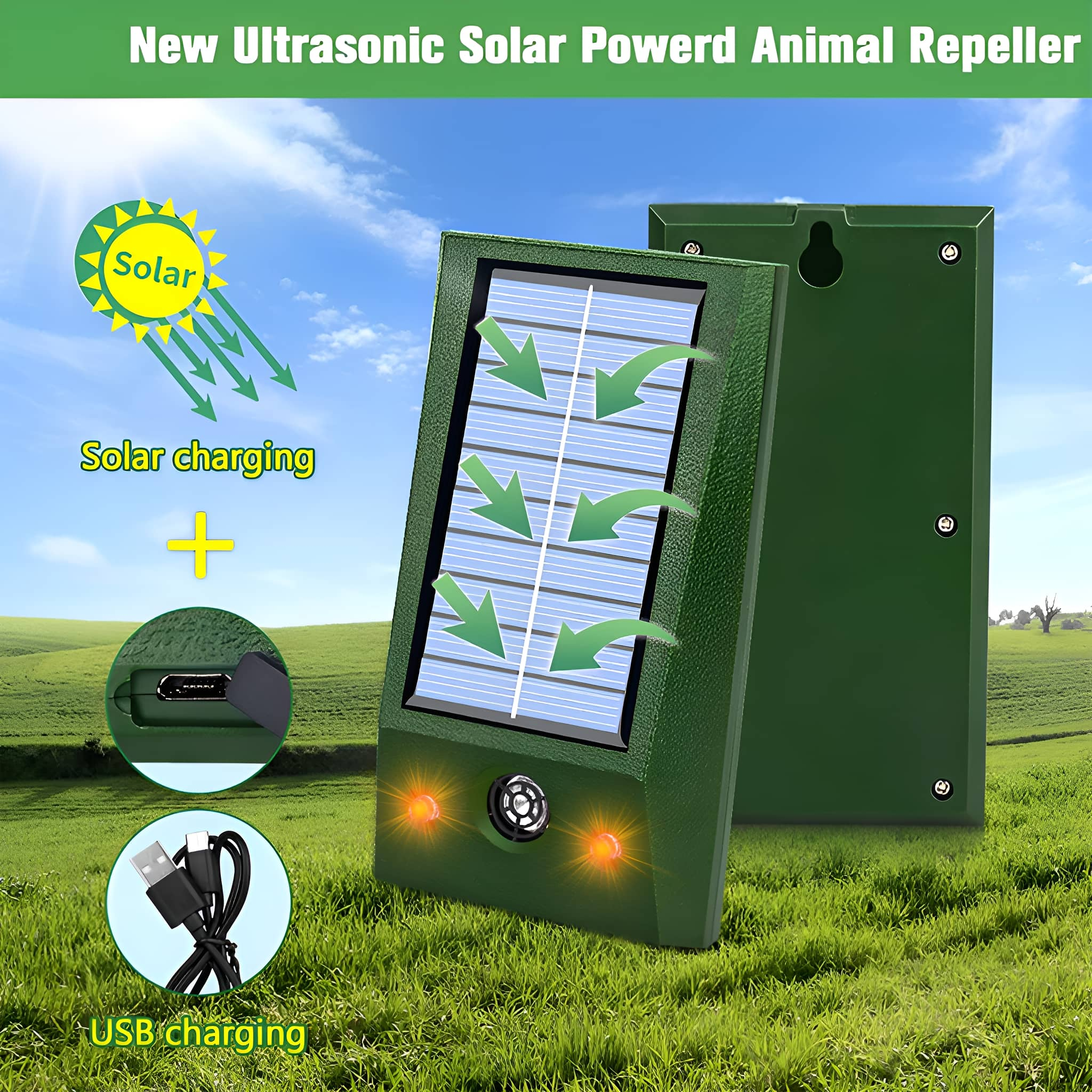 Ein grüner Solar-Tiervertreiber mit Solarpanel und USB-Ladeoptionen, auf einem Feld.