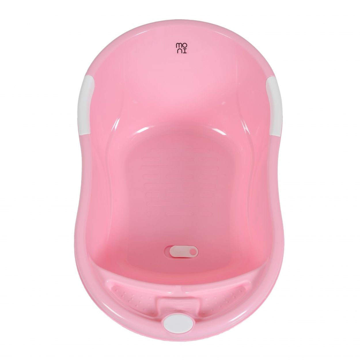 Eine rosa Babybadewanne, oval geformt, mit weißen Akzenten. Die Wanne hat ein kleines Abflussloch und einen eingebauten Seifenhalter.