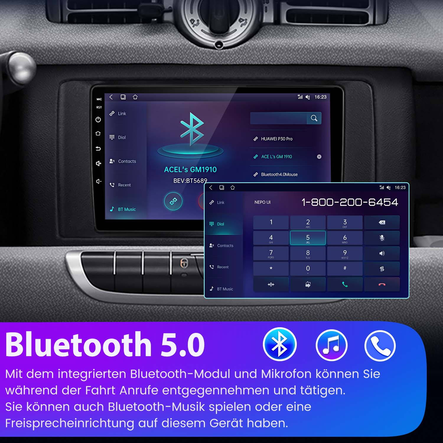 Wyświetlacz deski rozdzielczej samochodu z Bluetooth 5.0 i interfejsem wybierania numeru telefonu.