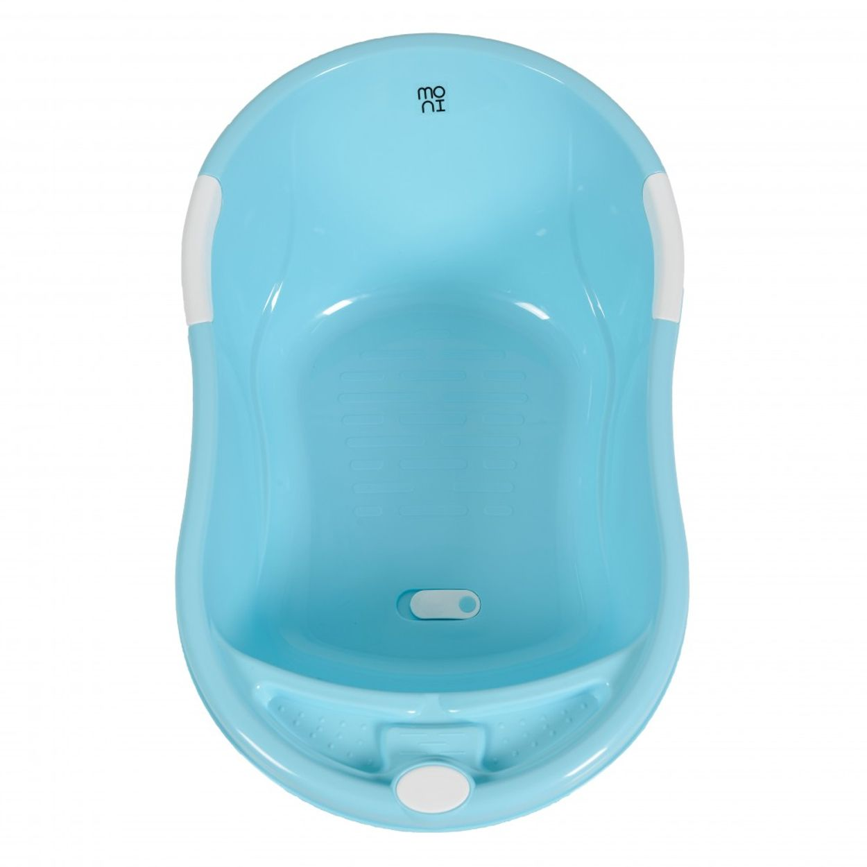 Hellblaue Babybadewanne mit weißen Akzenten, oben ist das Logo 'mo ni'. Es ist auf weißem Hintergrund.