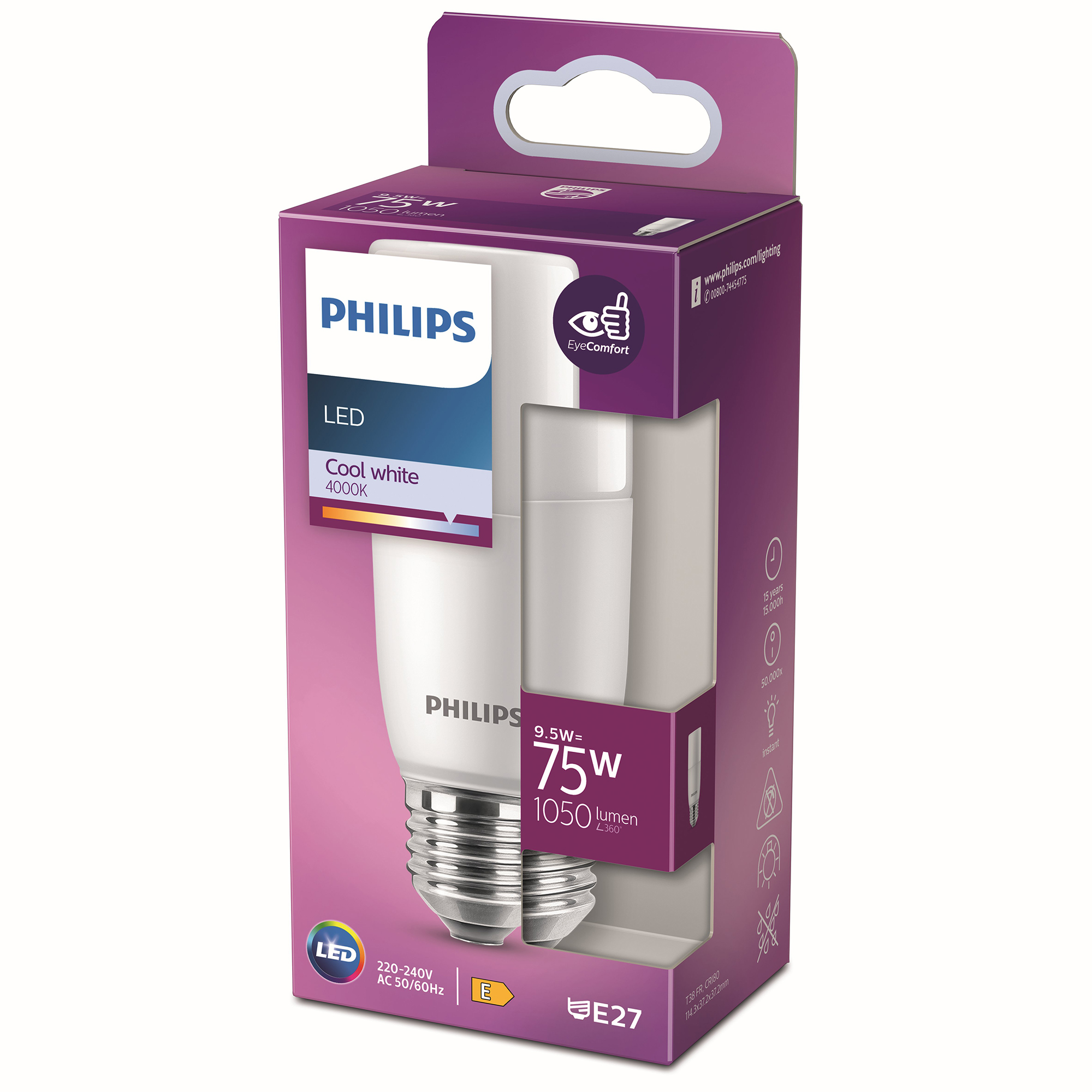 Lampadina LED Philips in una scatola. Lampadina bianca con testo. Imballaggio visibile.