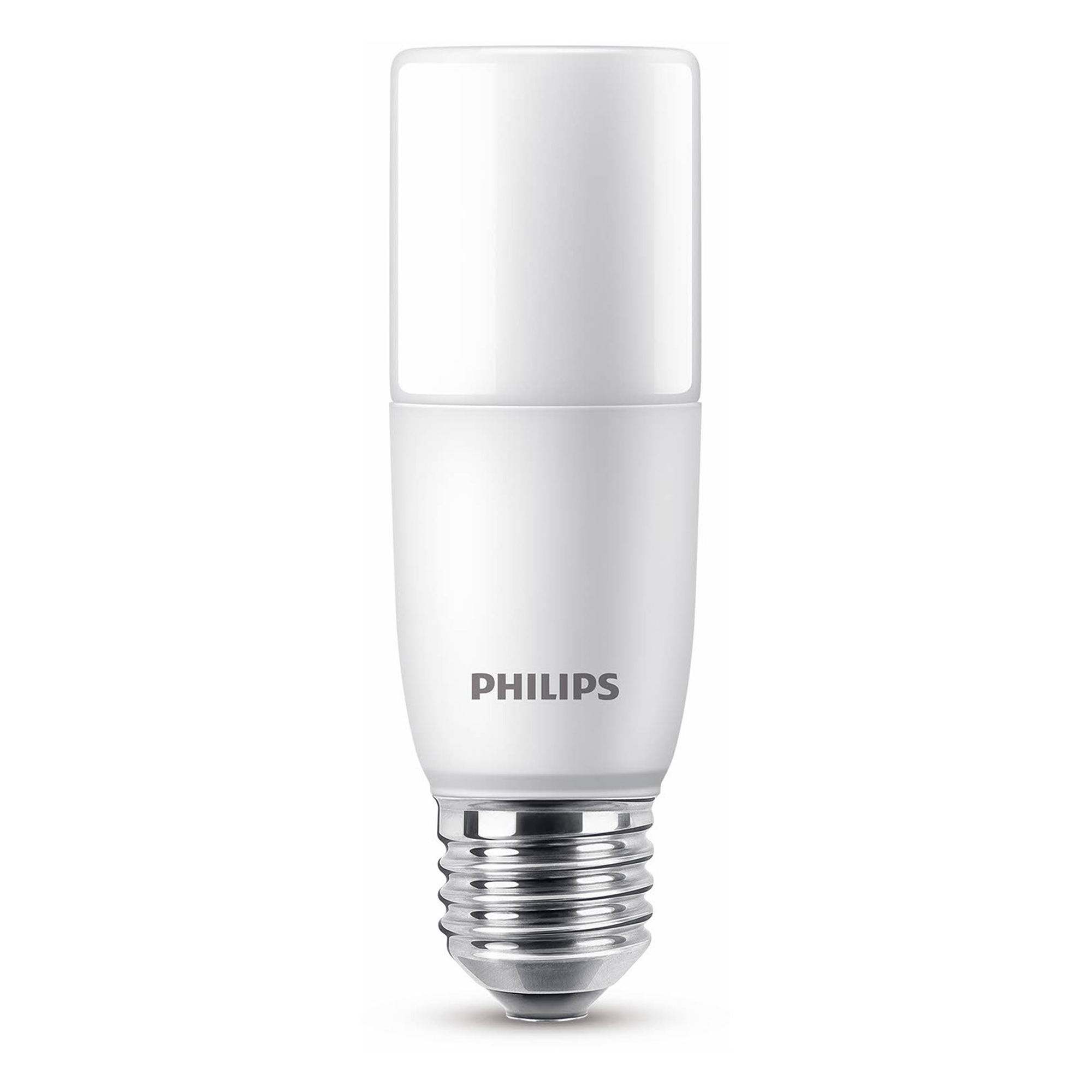 Una lampadina LED Philips bianca, con base argentata, su sfondo bianco.
