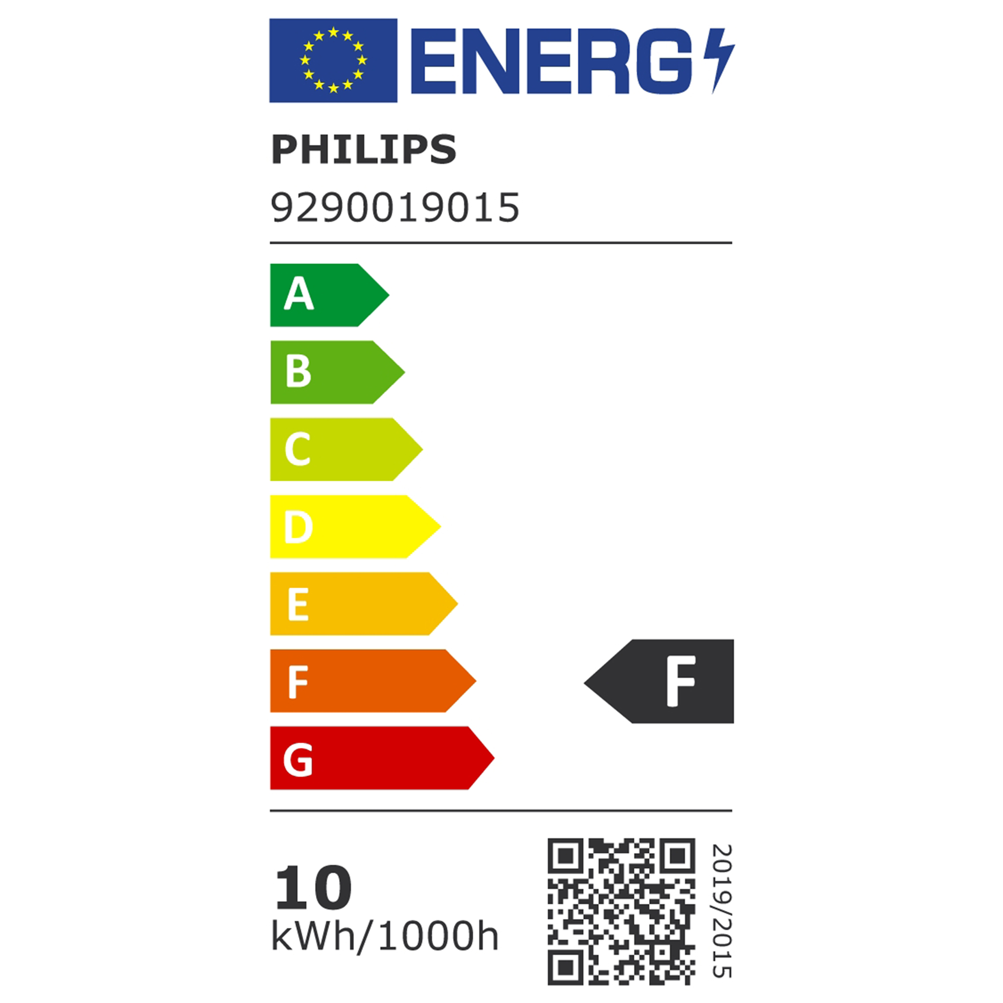 Etichetta di efficienza energetica con valutazioni da A a G. Mostra il logo Philips e la classe energetica F.