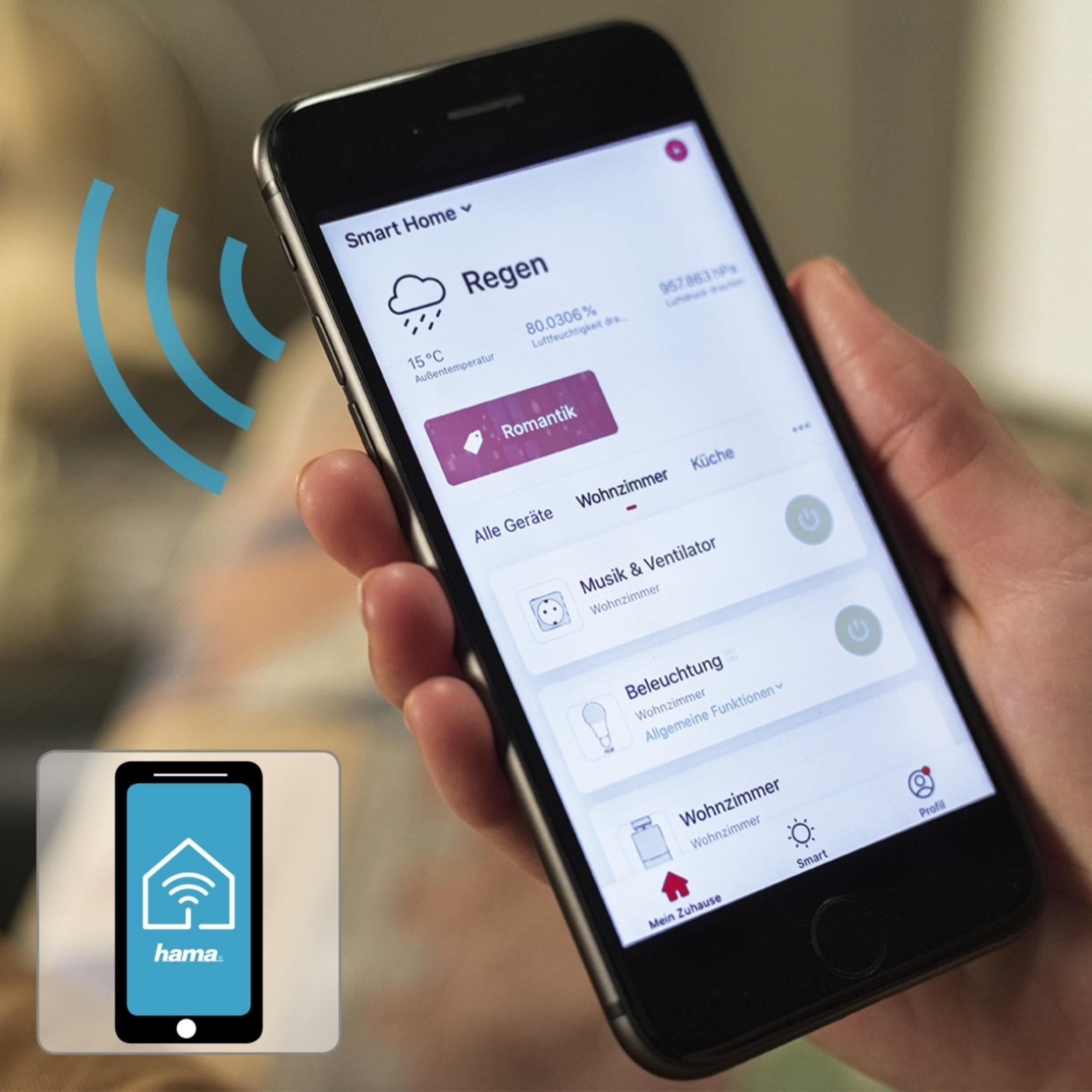 Smartfon wyświetlający aplikację smart home z pogodą i sterowaniem urządzeniami. Mniejsza ikona telefonu w rogu.