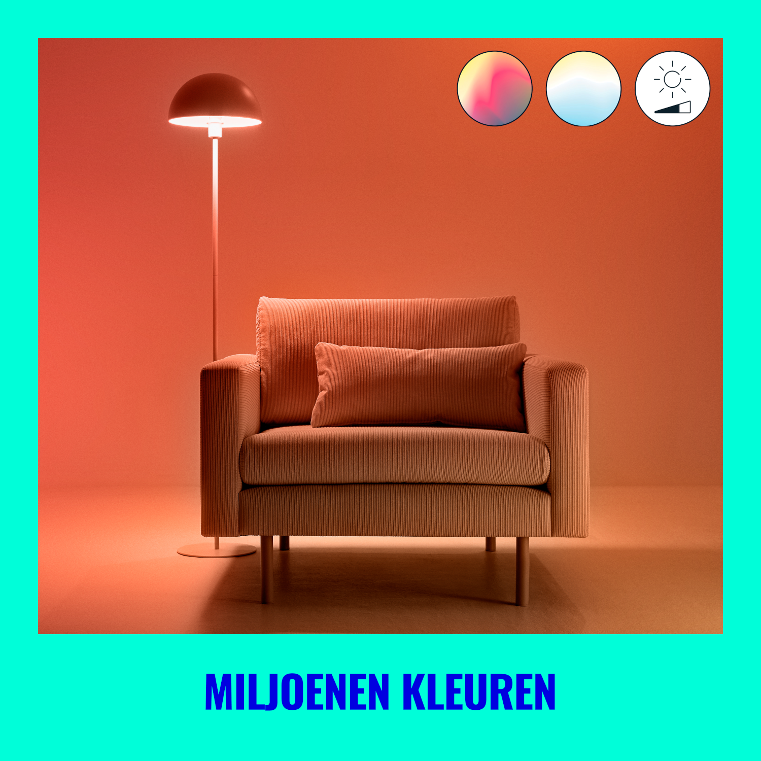 Oświetlona lampa i fotel w pokoju z opcjami kolorów.
