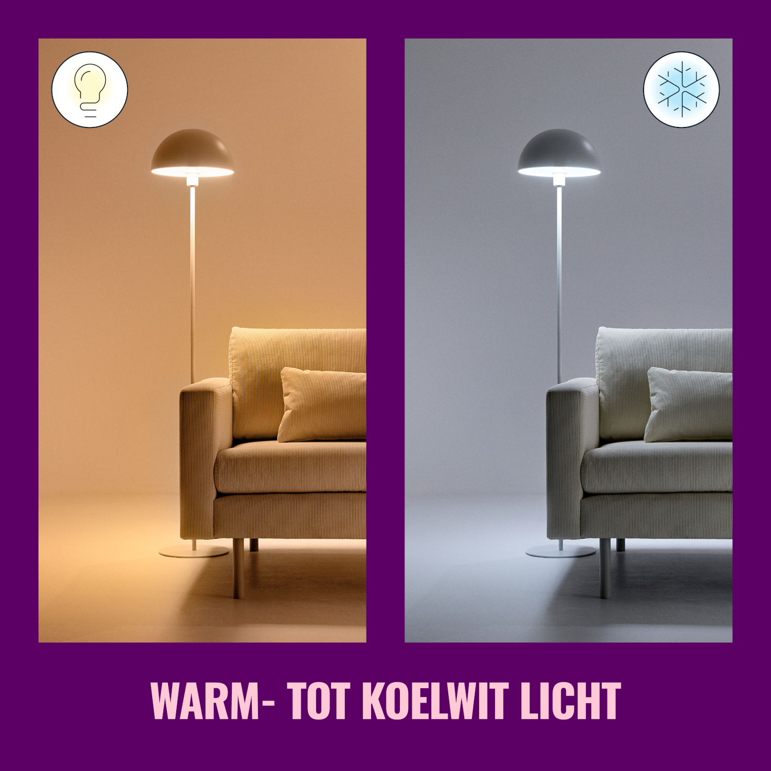 Lampa podłogowa z opcjami ciepłego i chłodnego światła. Lampa stoi na kanapie.