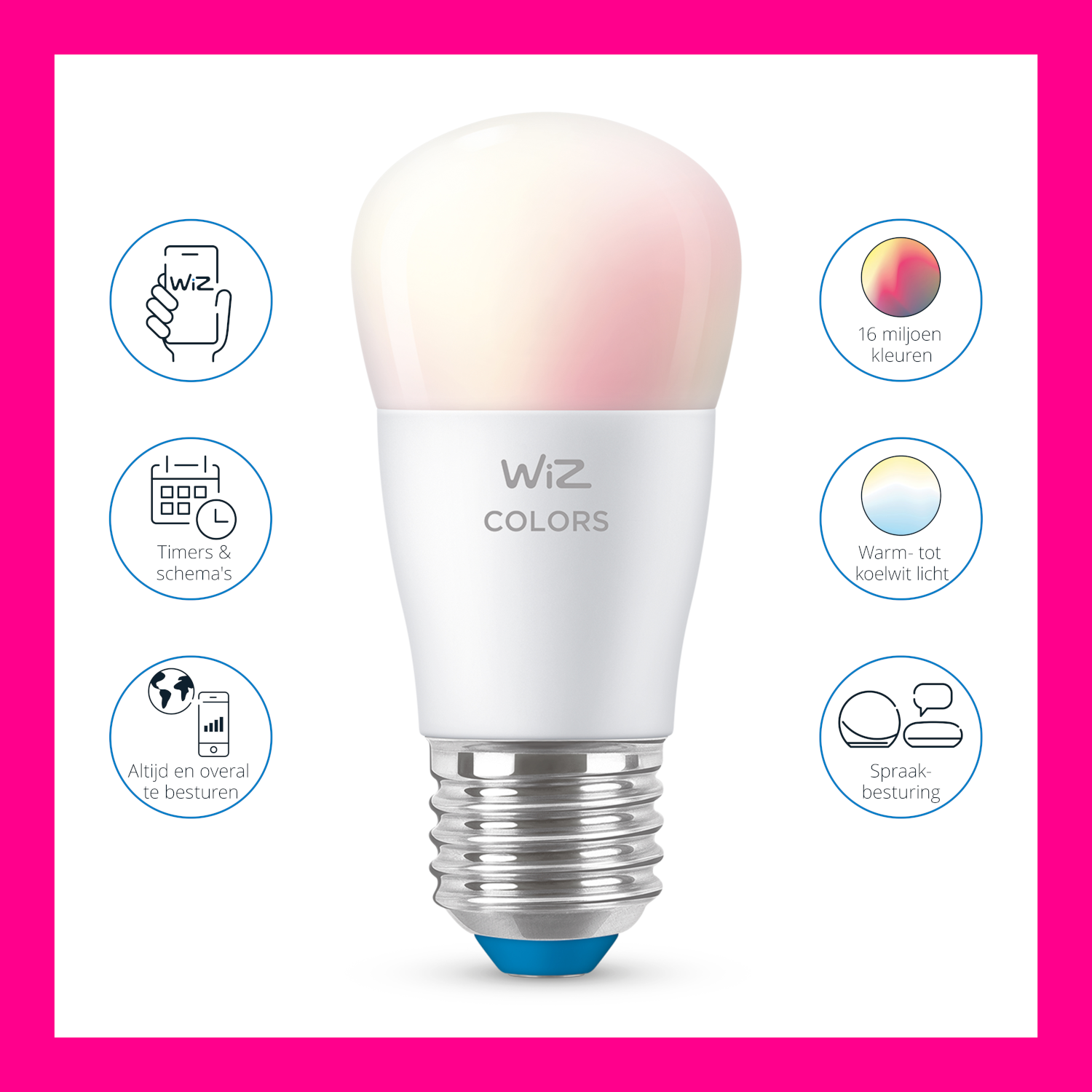 Weiße WiZ LED-Lampe mit Text, Symbolen und farbigem Licht, umgeben von rosa Rahmen.