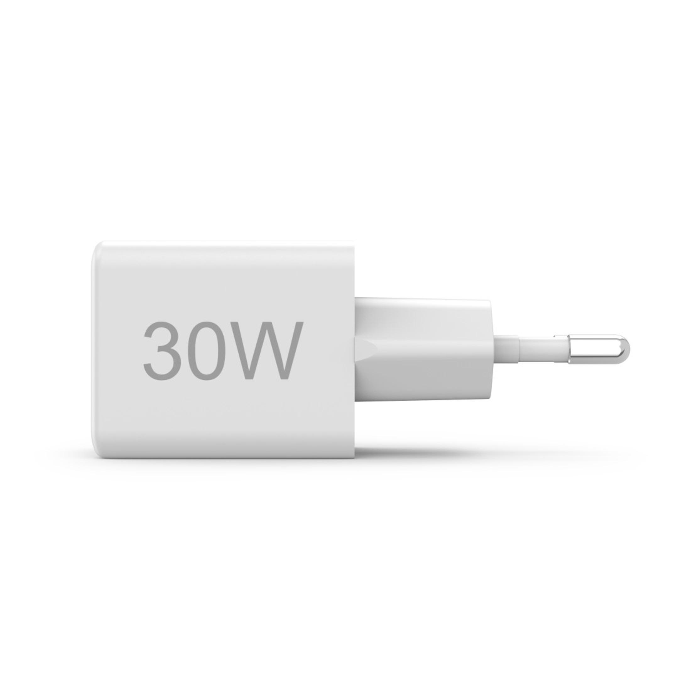 A white 30W charger with a plug on a white background, with the text 30W on the front.