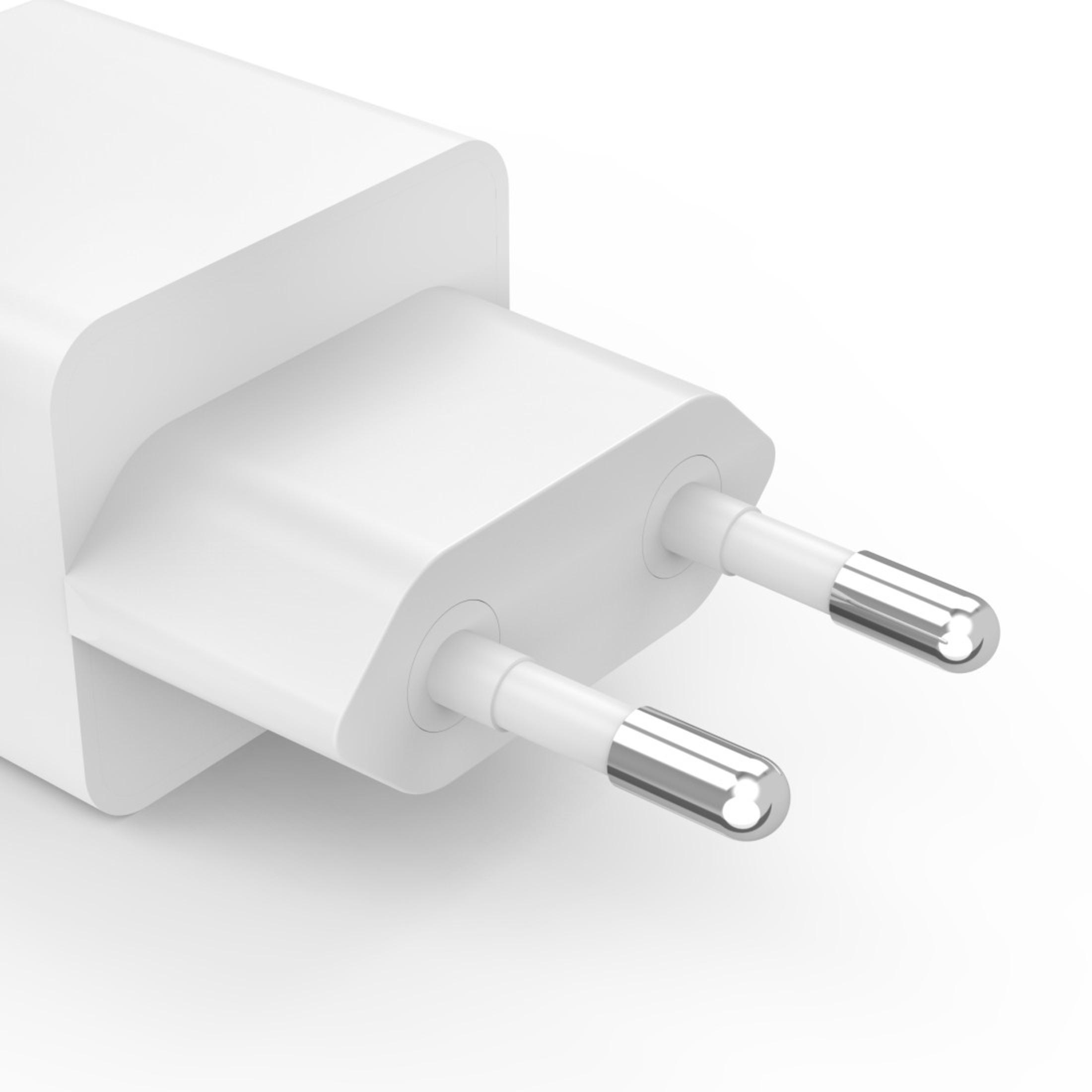 A white European plug with two silver-tipped pins, against a white background.