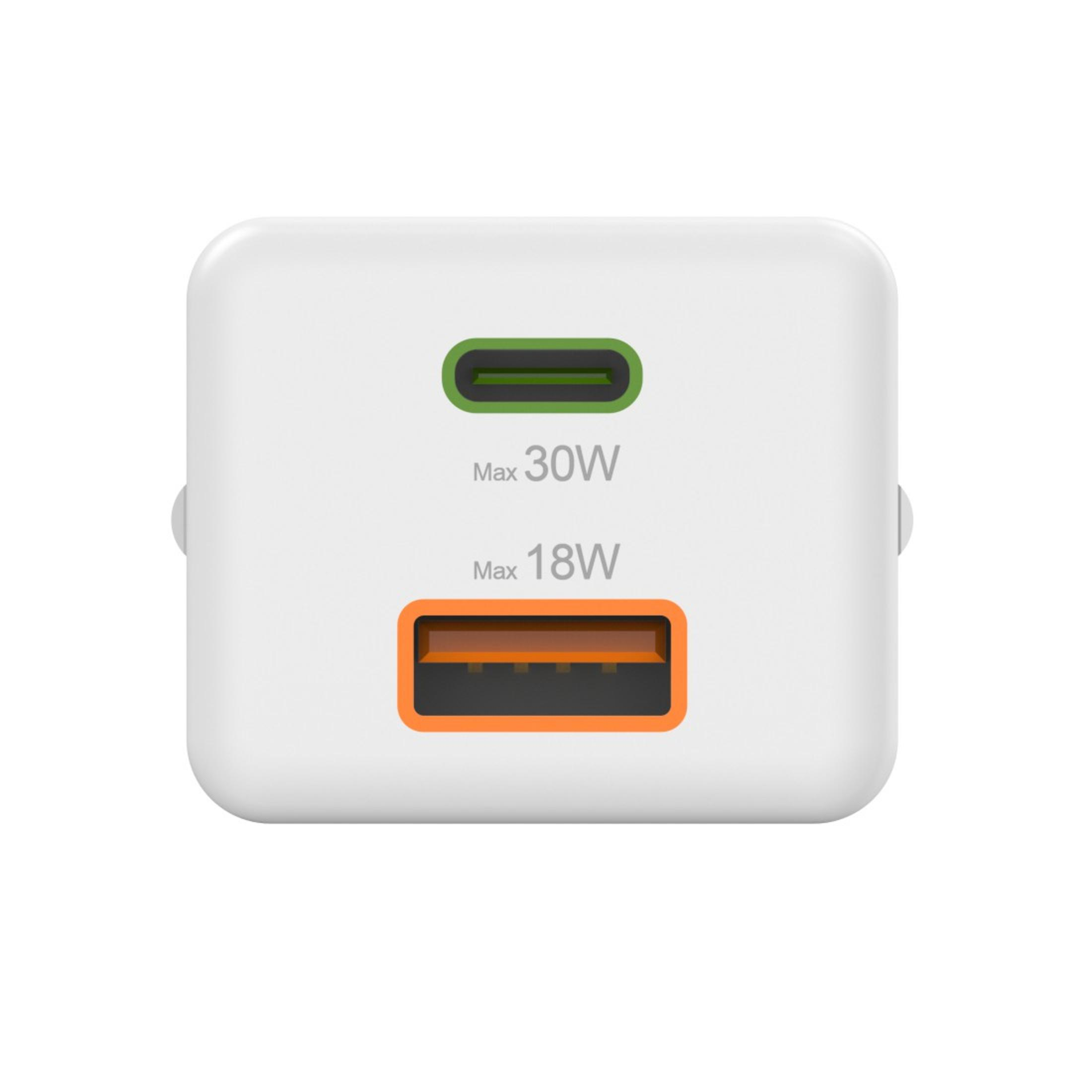 White wall charger with two ports: USB-C and USB-A. Green and orange colors.
