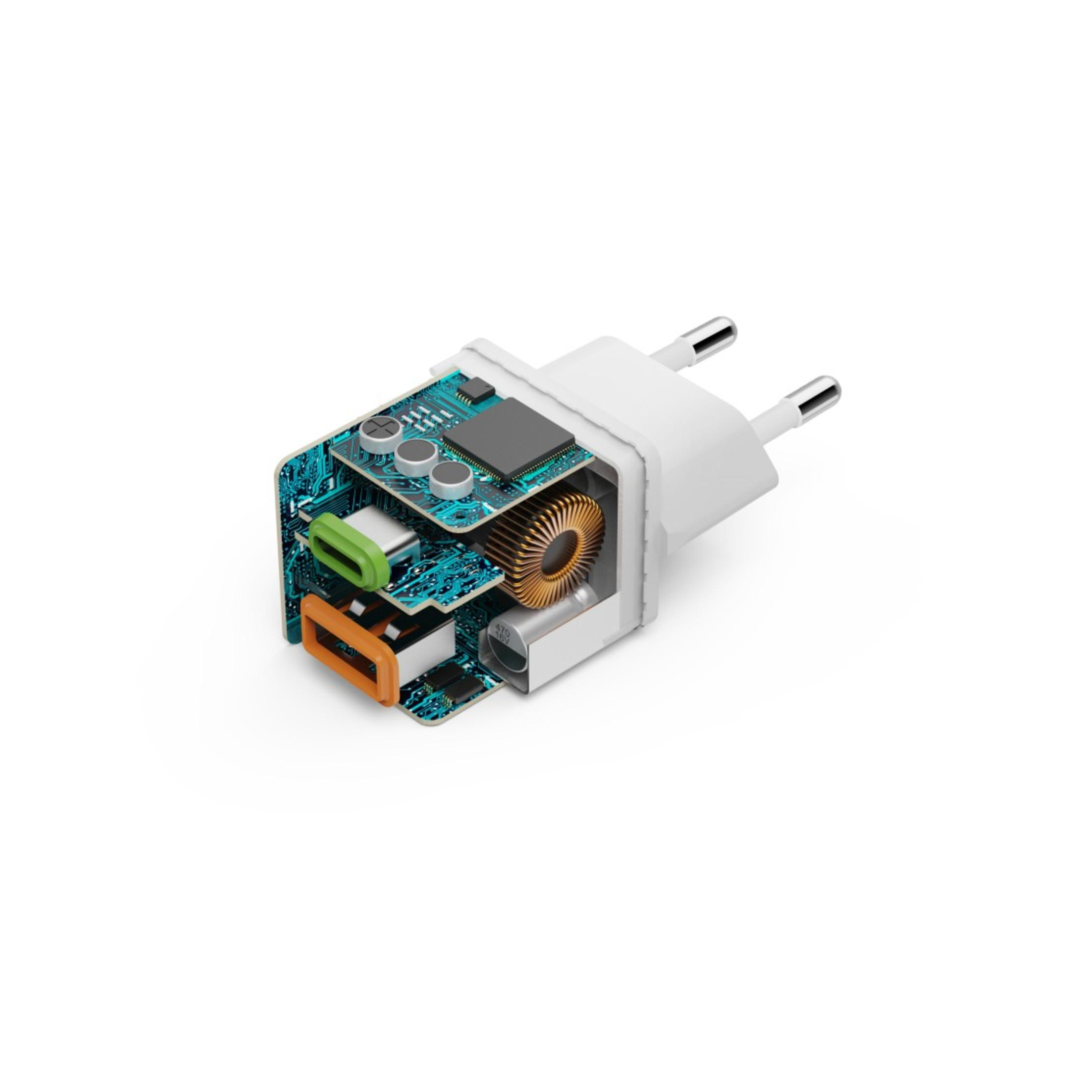 An opened charger with its internal components visible. Green, orange and copper-colored components are shown.