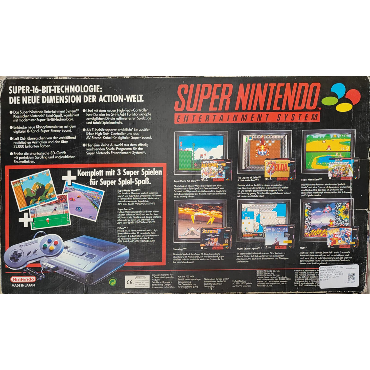 Super Nintendo Spielbox. Front zeigt Spiel-Screenshots und Konsolenbild. Schwarz, rot und weiß.