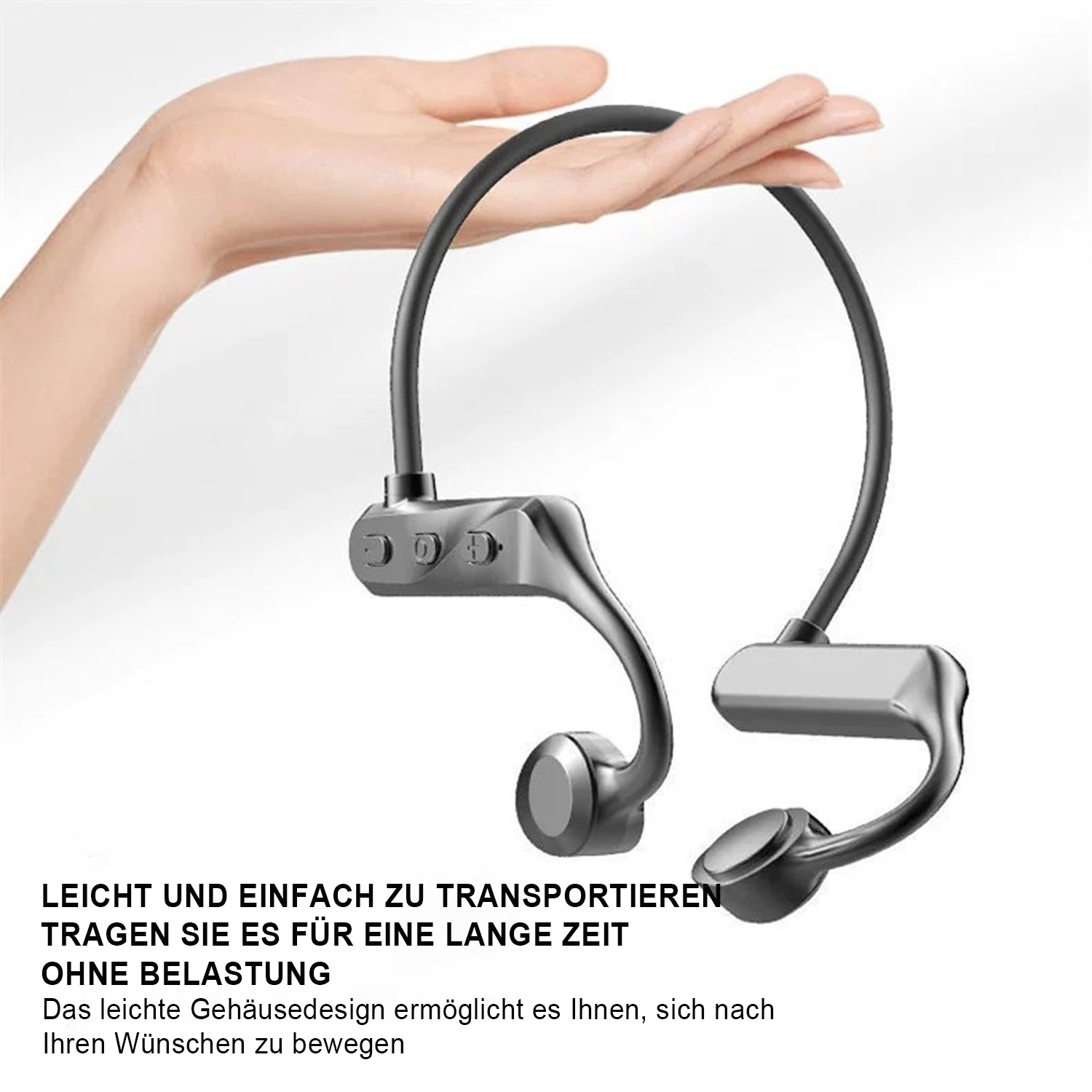Persona sosteniendo auriculares de conducción ósea grises, con texto en alemán debajo.