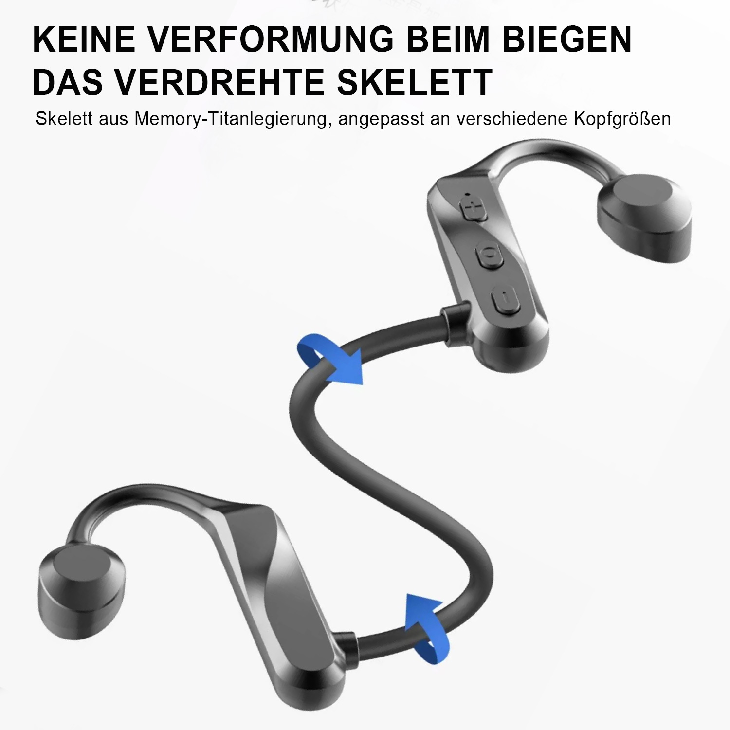 Auriculares de conducción ósea, que muestran el diseño flexible y los componentes flexibles.