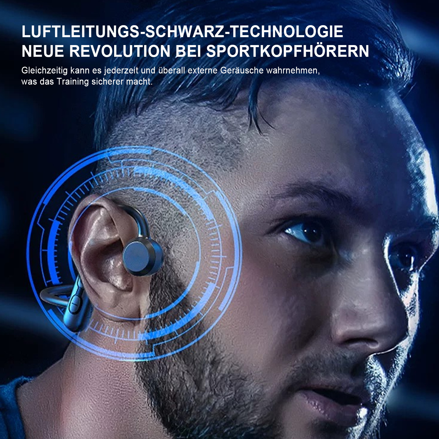 Hombre con auriculares. El auricular y el arco azul resaltan la tecnología. Texto: Nueva revolución en auriculares deportivos.