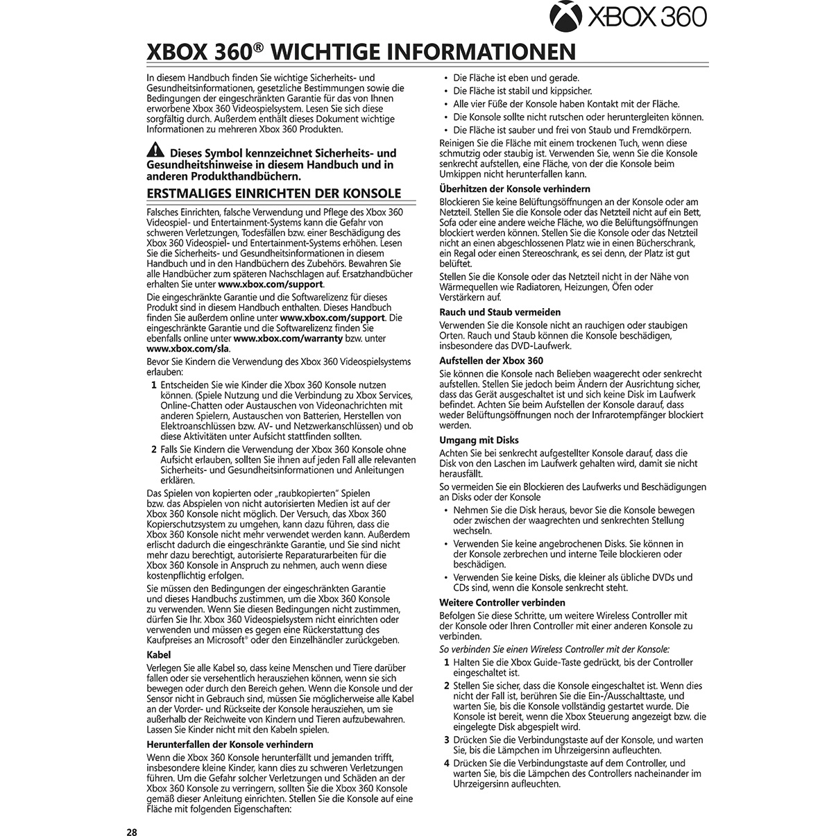 Textlastiges Dokument mit Informationen zur Sicherheit und Gesundheit der Xbox 360, mit einem Symbol links oben.