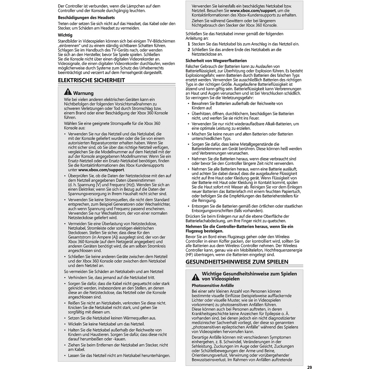 Eine Dokumentseite mit Text über die Xbox 360 Konsole. Enthält Sicherheitsinformationen.