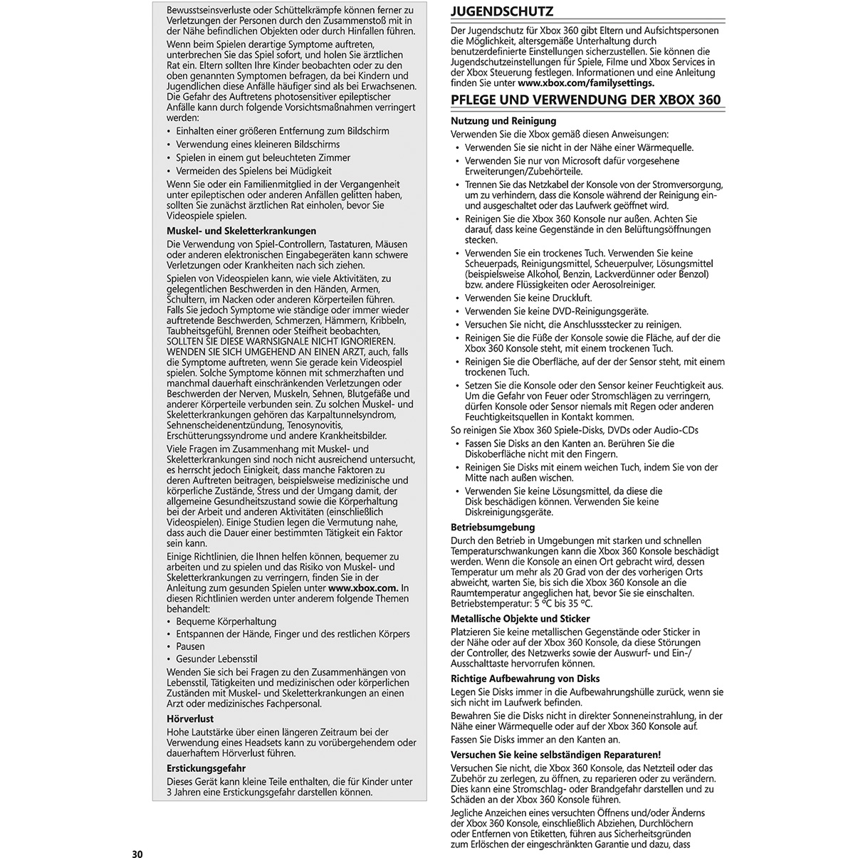 Textseiten über Kindersicherheit. Enthält Informationen über Xbox 360.