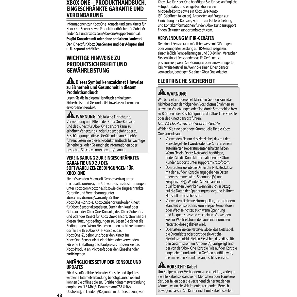 Ein Dokument mit Text, betitelt "Xbox One Produkthandbuch". Enthält Warnungen und Anweisungen.
