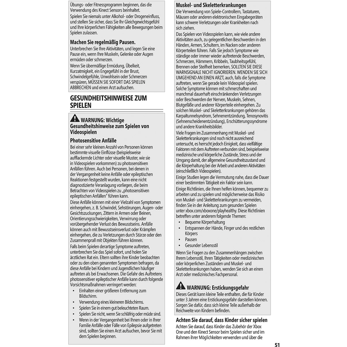 Eine Warnung in deutscher Sprache bezüglich photosensitiver Epilepsie durch Videospiele. Text auf weißem Hintergrund.