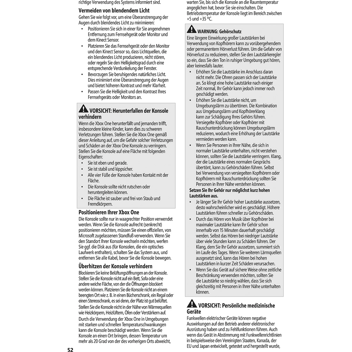 Textseite auf Deutsch, die die Vermeidung von Schäden durch Mixer und Xbox-Konsolen behandelt.