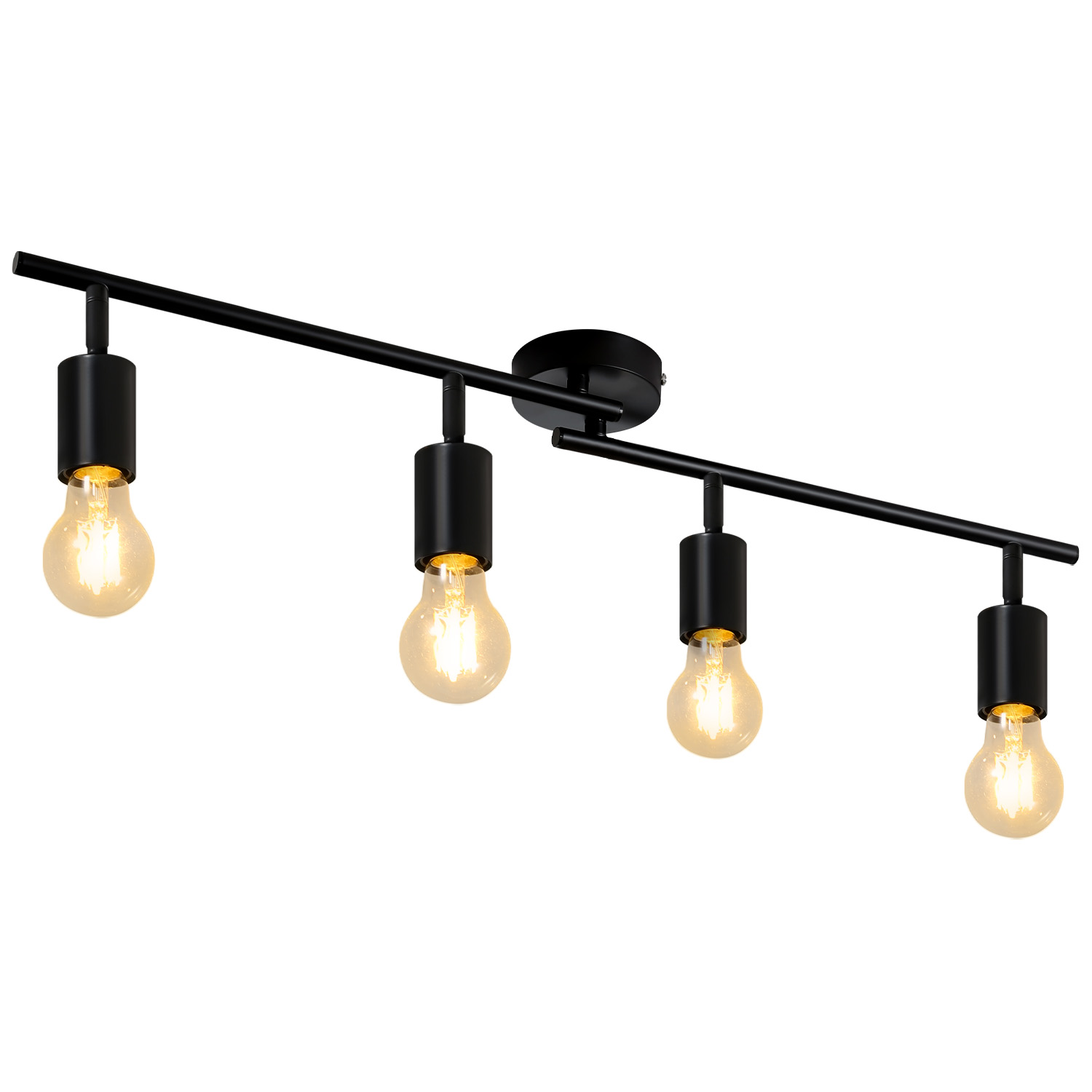 Czarna oprawa oświetleniowa szynowa z czterema żarówkami, każda z widocznym żarnikiem, na białym tle.
