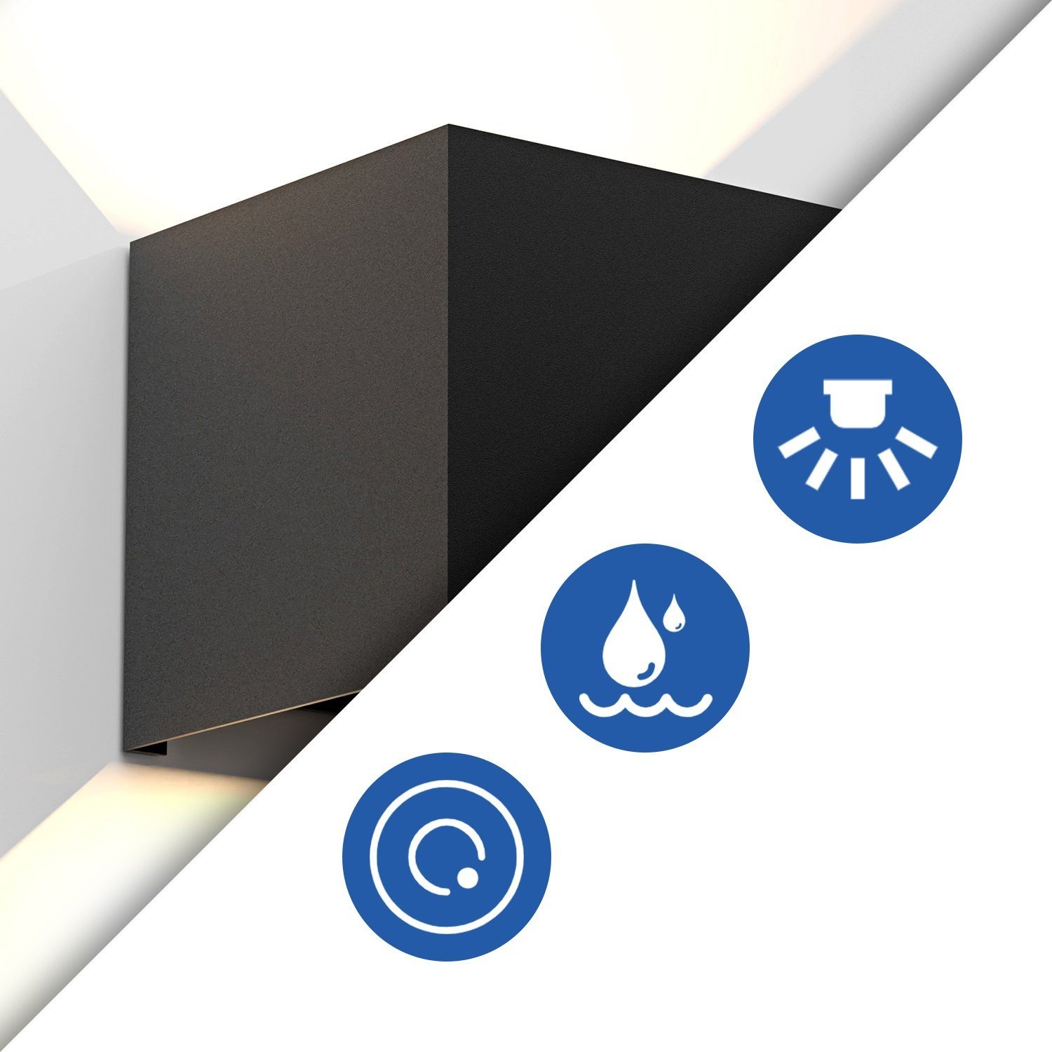 Czarna kwadratowa oprawa oświetleniowa na białej ścianie. W tle trzy niebieskie ikony kół.