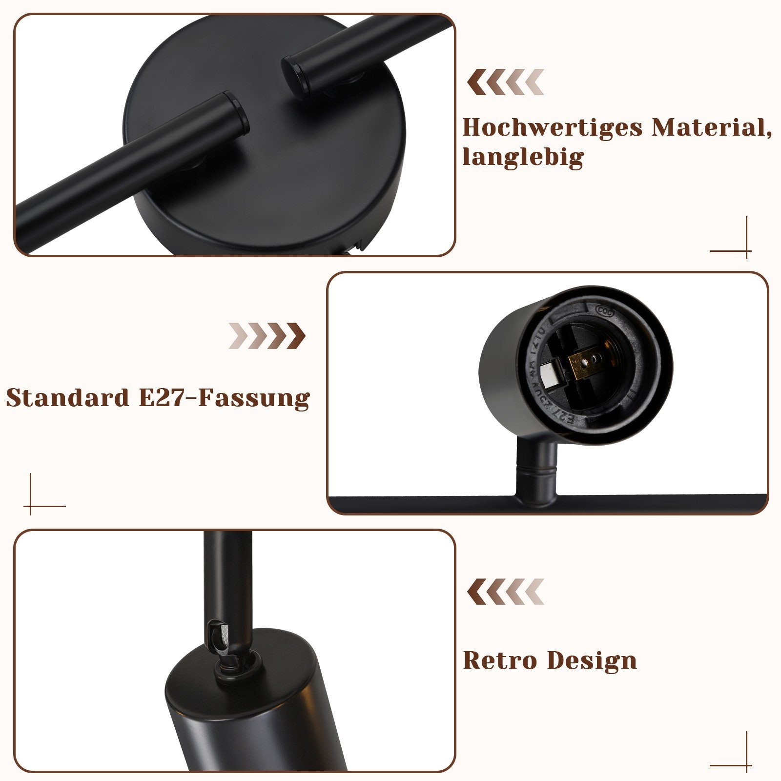 Zbliżenie na czarne, retro części lampy. Etykiety tekstowe w języku niemieckim. Kolory czarny i beżowy.