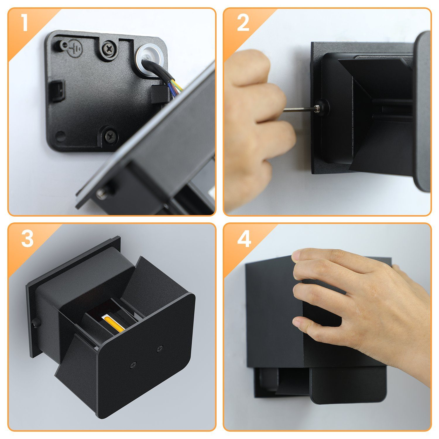 Obrazek w czterech panelach pokazujący etapy instalacji czarnej lampy zewnętrznej.