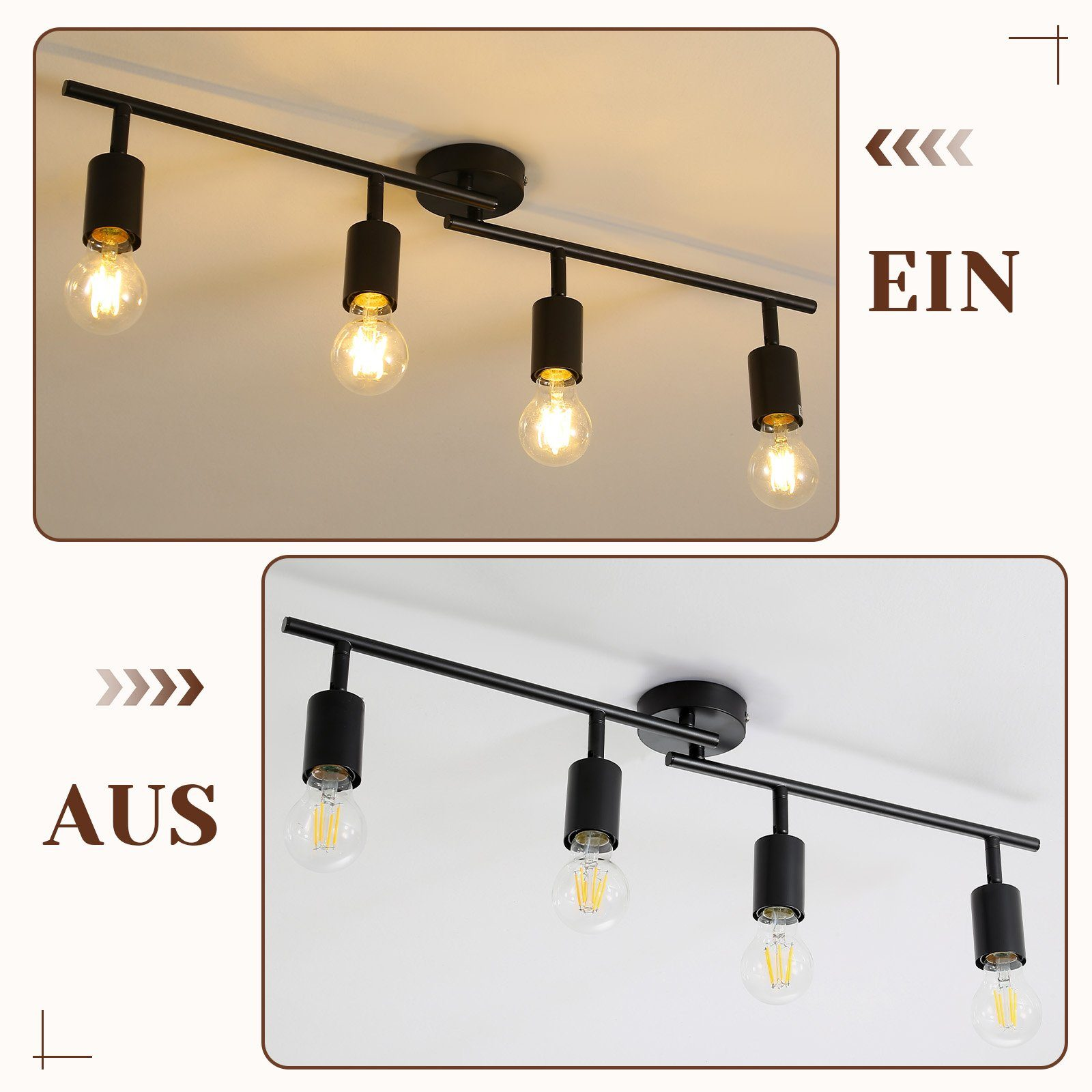 Dwa obrazy. Góra: Światła włączone. Dół: Światła wyłączone. Czarne lampy szynowe.