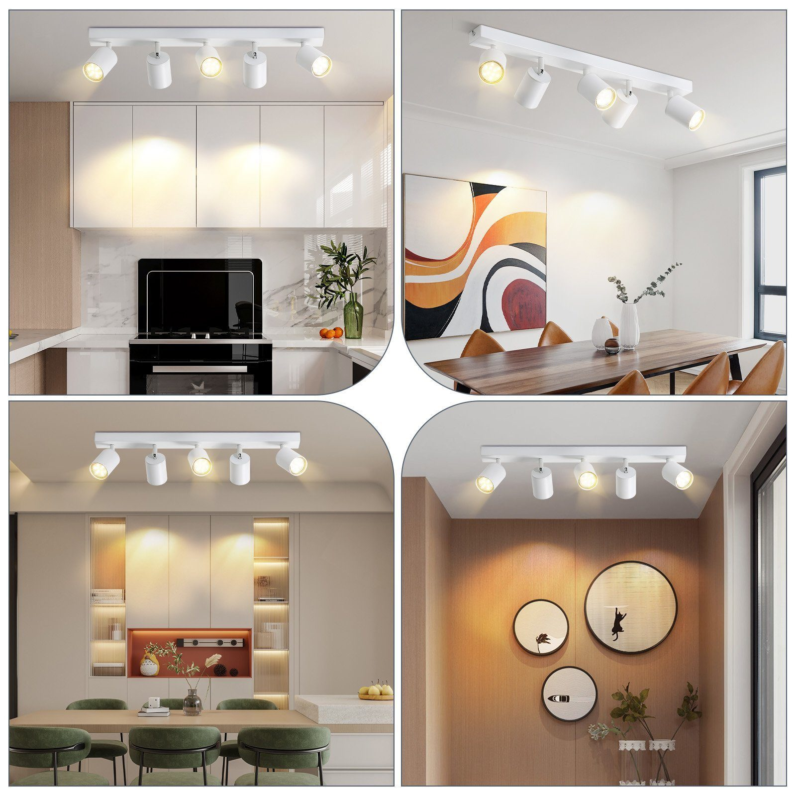 Wiele zdjęć białego oświetlenia szynowego, zainstalowanego w różnych pomieszczeniach. Białe tło.