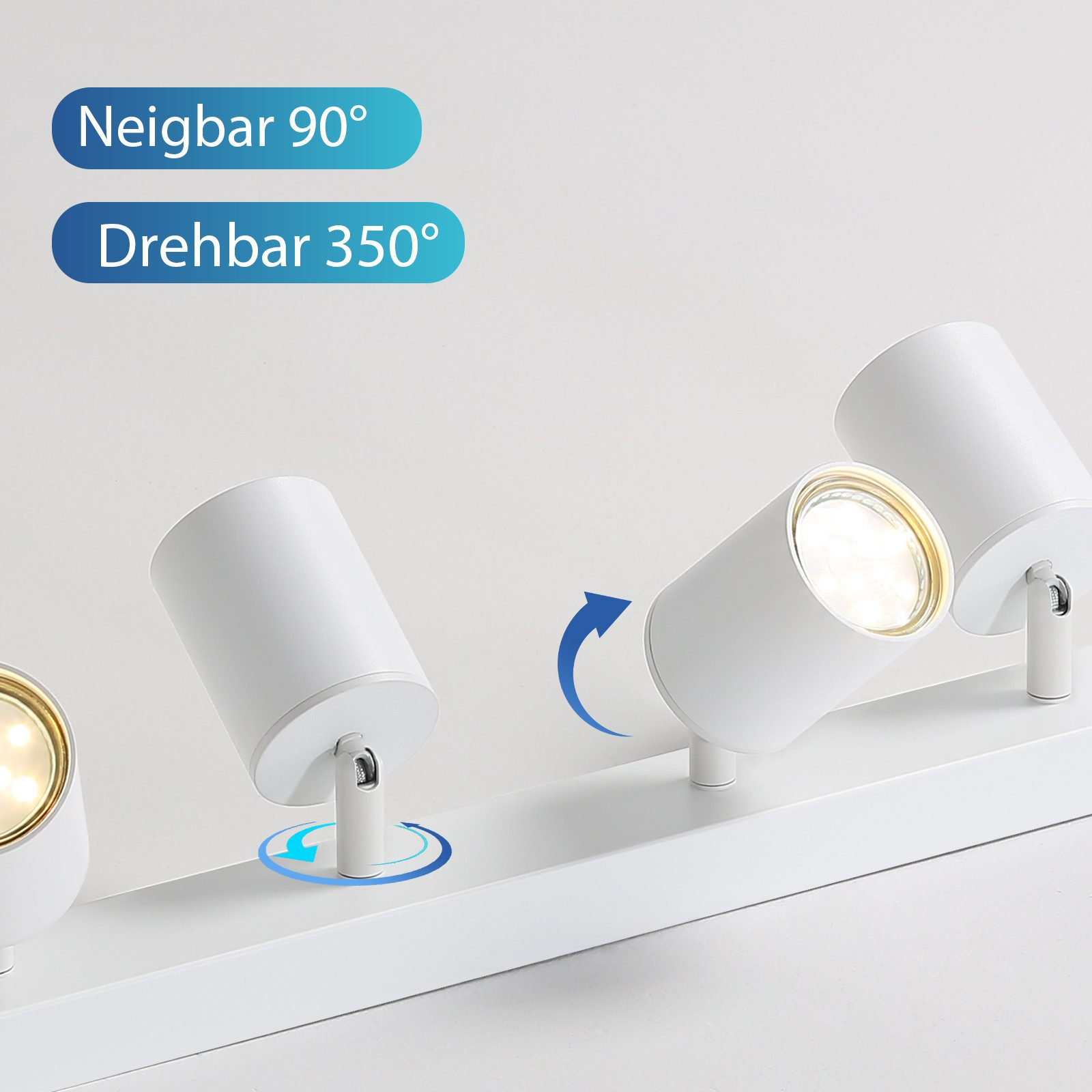 Trzy białe reflektory szynowe. Strzałki wskazują, że światła można pochylić o 90 stopni i obrócić o 350 stopni.