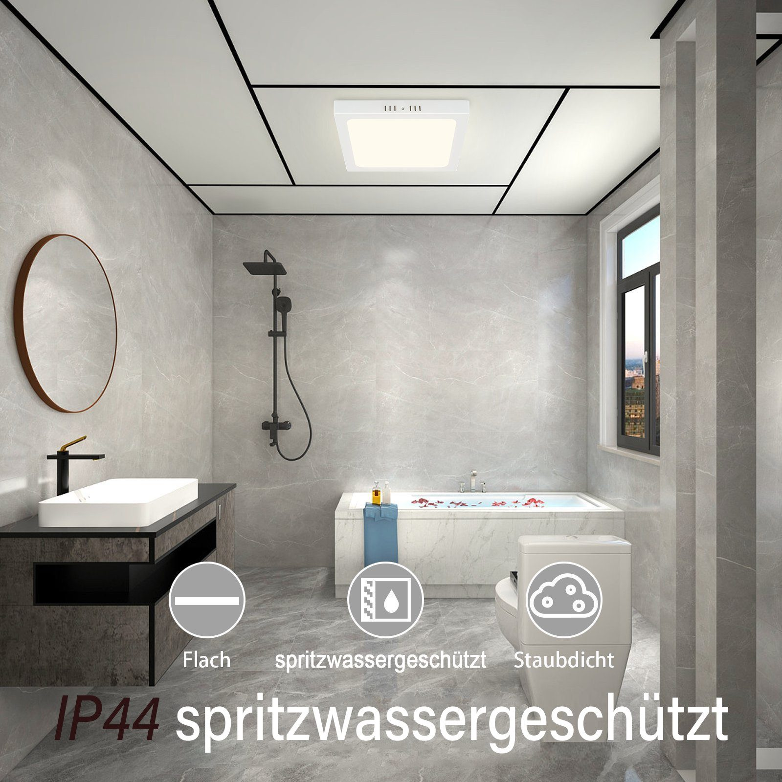 Łazienka z szarymi ścianami i białym oświetleniem sufitowym. Zawiera lustro, umywalkę, toaletę i wannę.