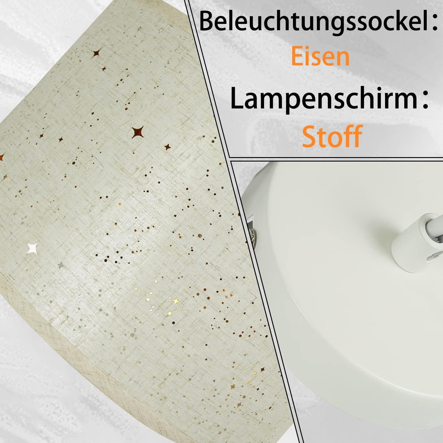 Zbliżenie klosza i podstawy lampy. Klosz jest beżowy z gwiazdami. Podstawa jest biała.