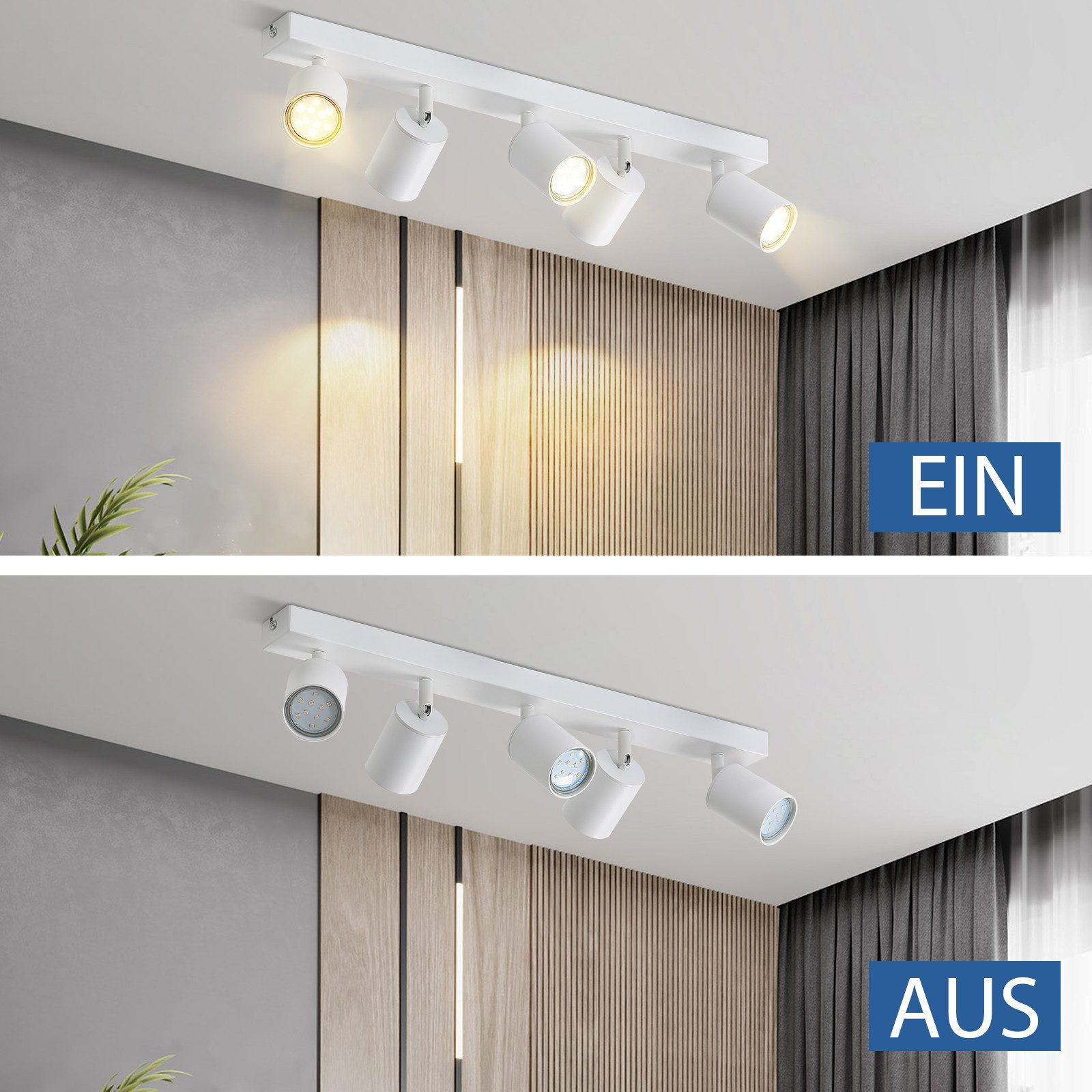 Zwei Ansichten einer Deckenleuchte, ein und aus.