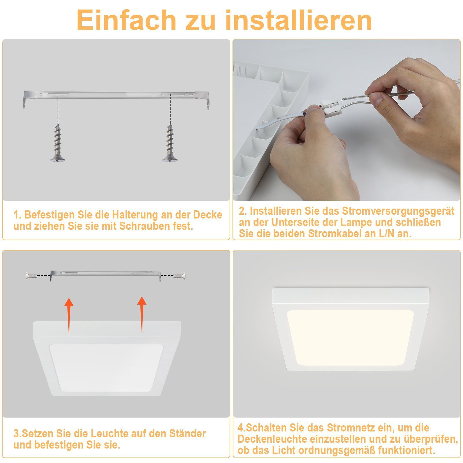 Fasi di installazione per un apparecchio di illuminazione a soffitto. Mostra viti, cablaggio e montaggio.