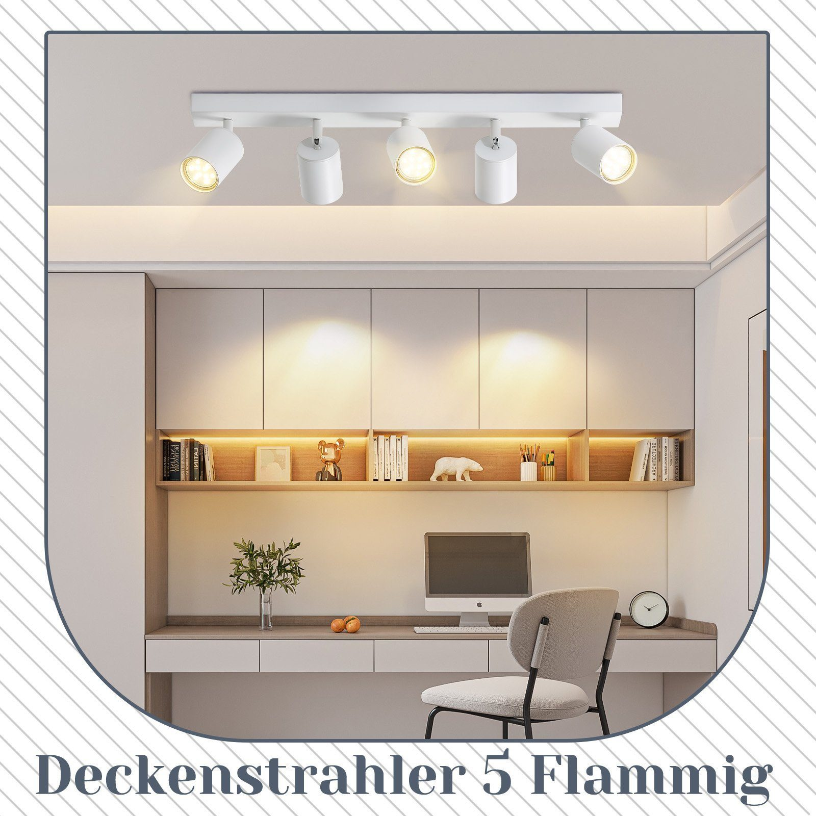 Biała szyna oświetleniowa z czterema regulowanymi reflektorami na suficie.