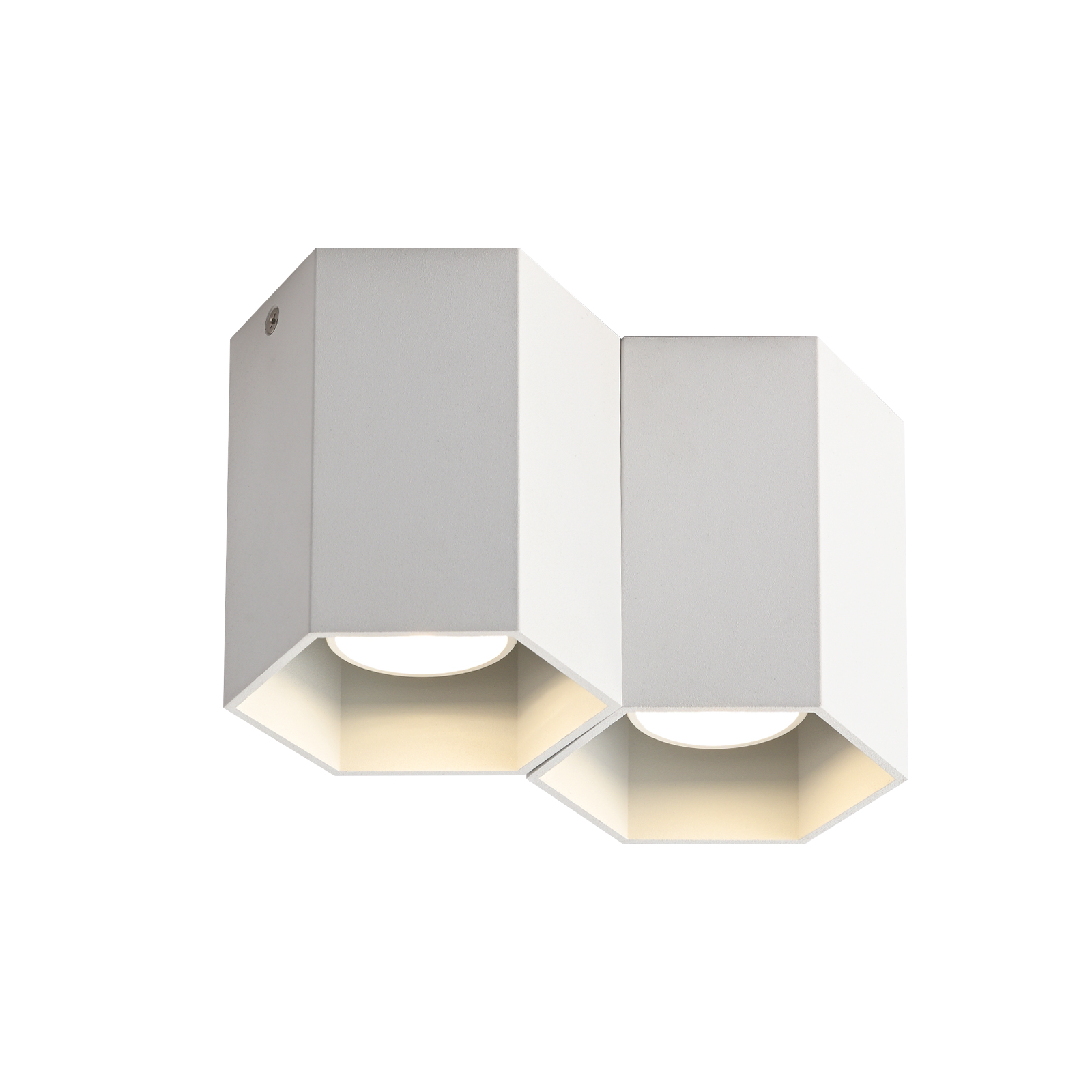 Dwie biało-szare geometryczne lampy sufitowe na białym tle.