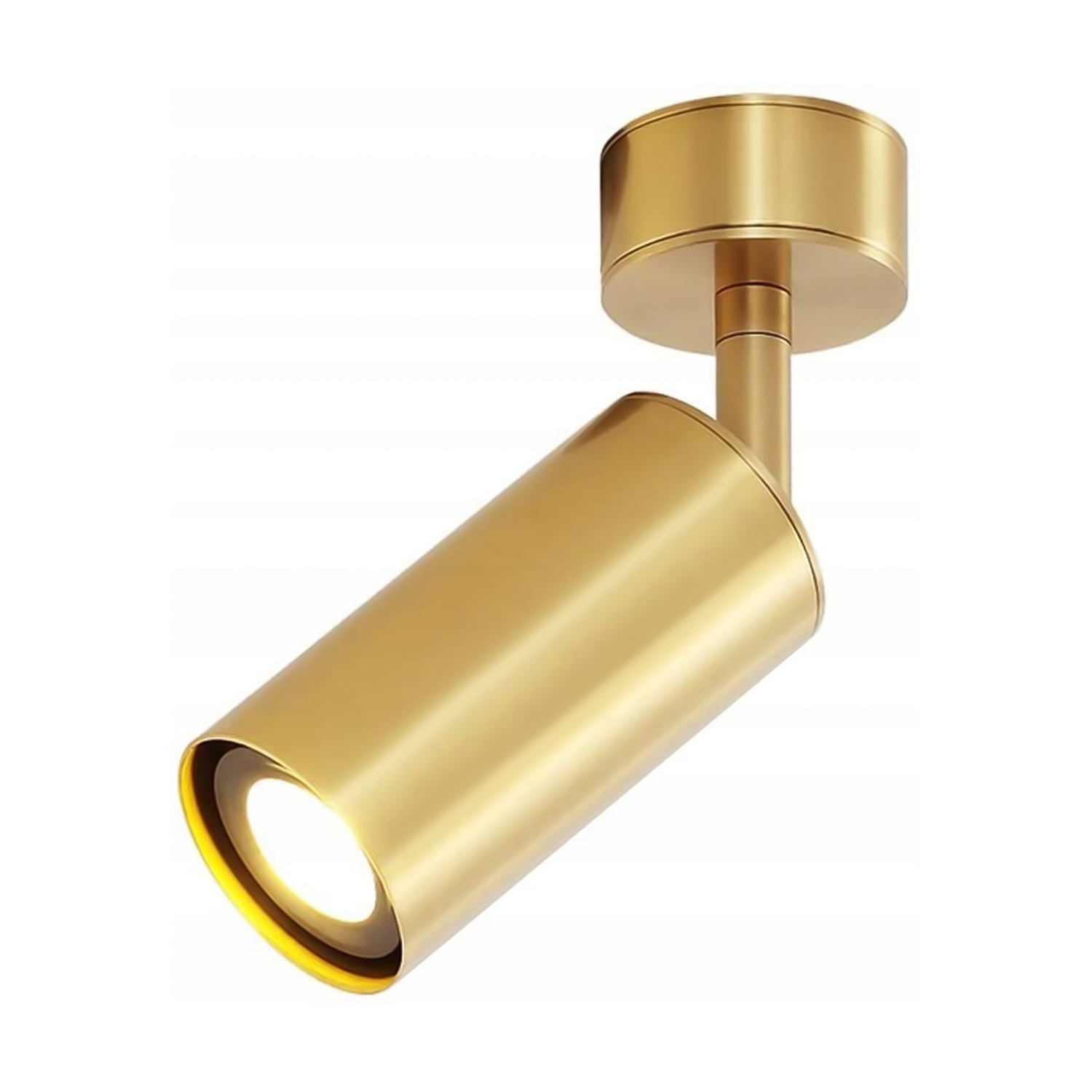 Złoty reflektor zamontowany na białej powierzchni. Światło skierowane w dół.