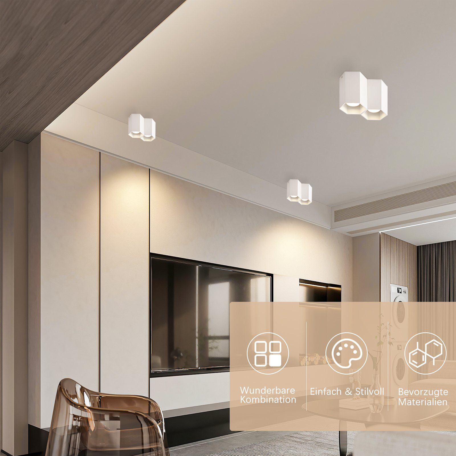 Trzy białe lampy sufitowe we współczesnym wnętrzu, z tekstem na pierwszym planie.