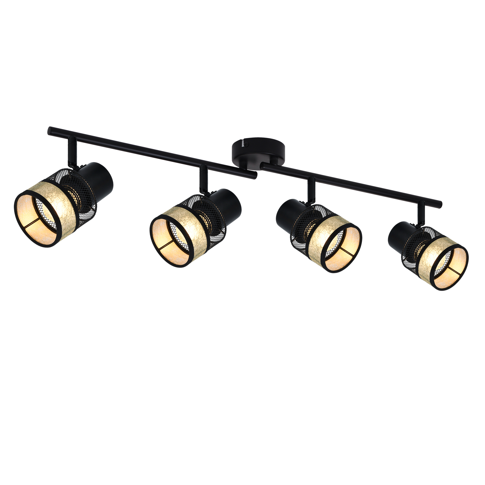 Czarna szyna oświetleniowa z czterema regulowanymi reflektorami. Reflektory mają siatkową konstrukcję.